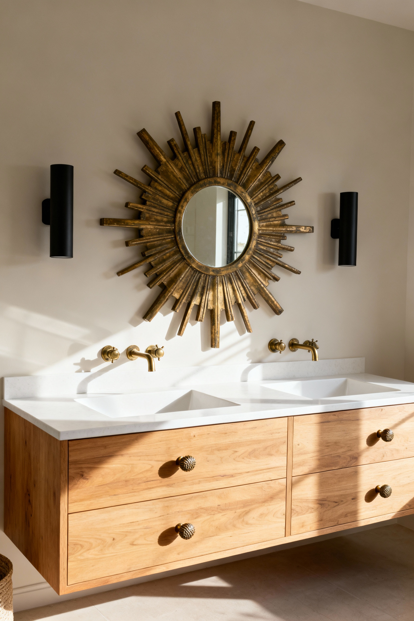 High-resolution image of a stylish mid-century inspired bathroom vanity makeover featuring a floating oak cabinet, a vintage gold sunburst mirror, matte black wall sconces, and aged brass cabinet hardware accents.