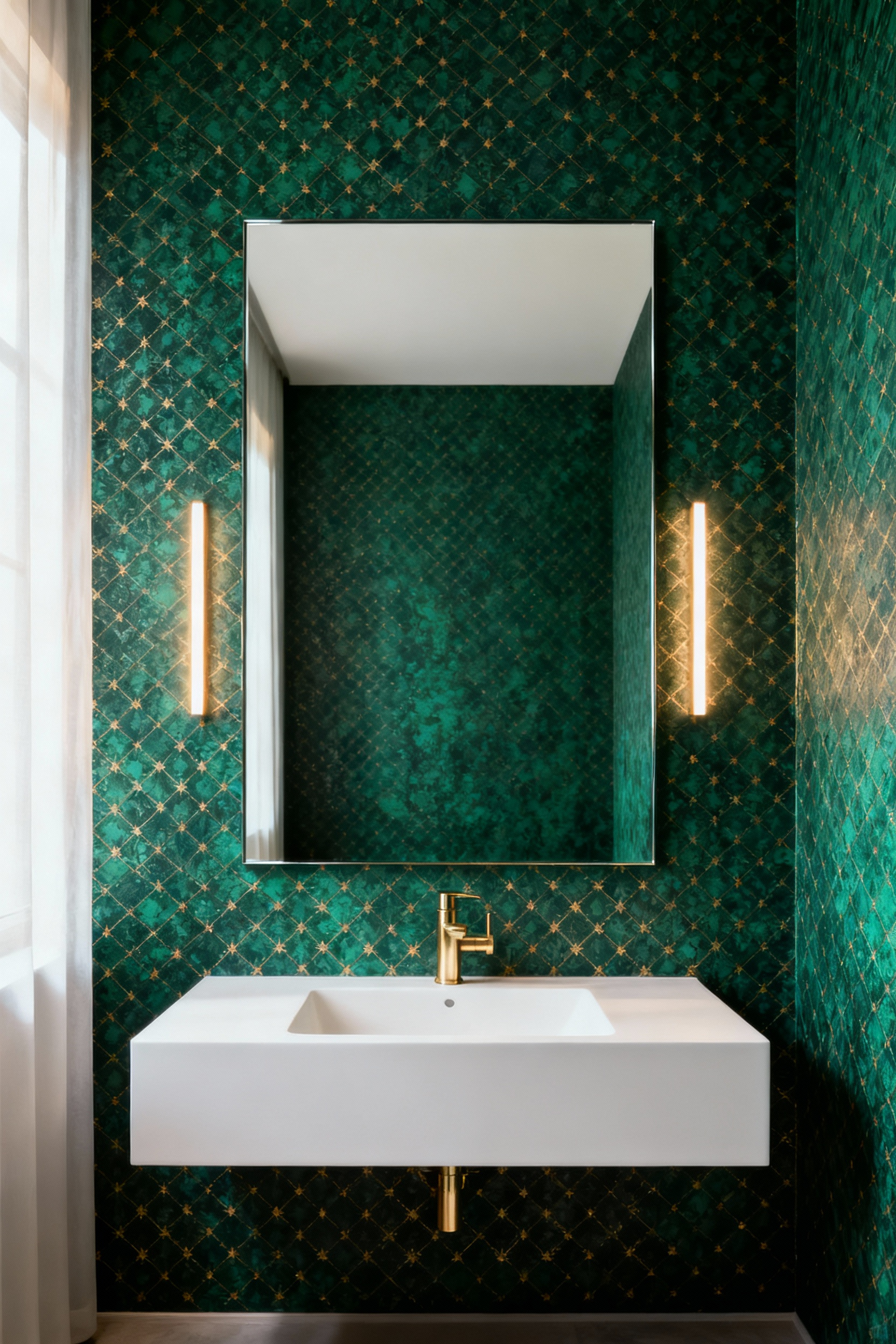 High-contrast bathroom vanity design featuring an emerald green geometric wallpaper covering the entire wall behind a frameless mirror, creating the illusion that the mirror is floating.