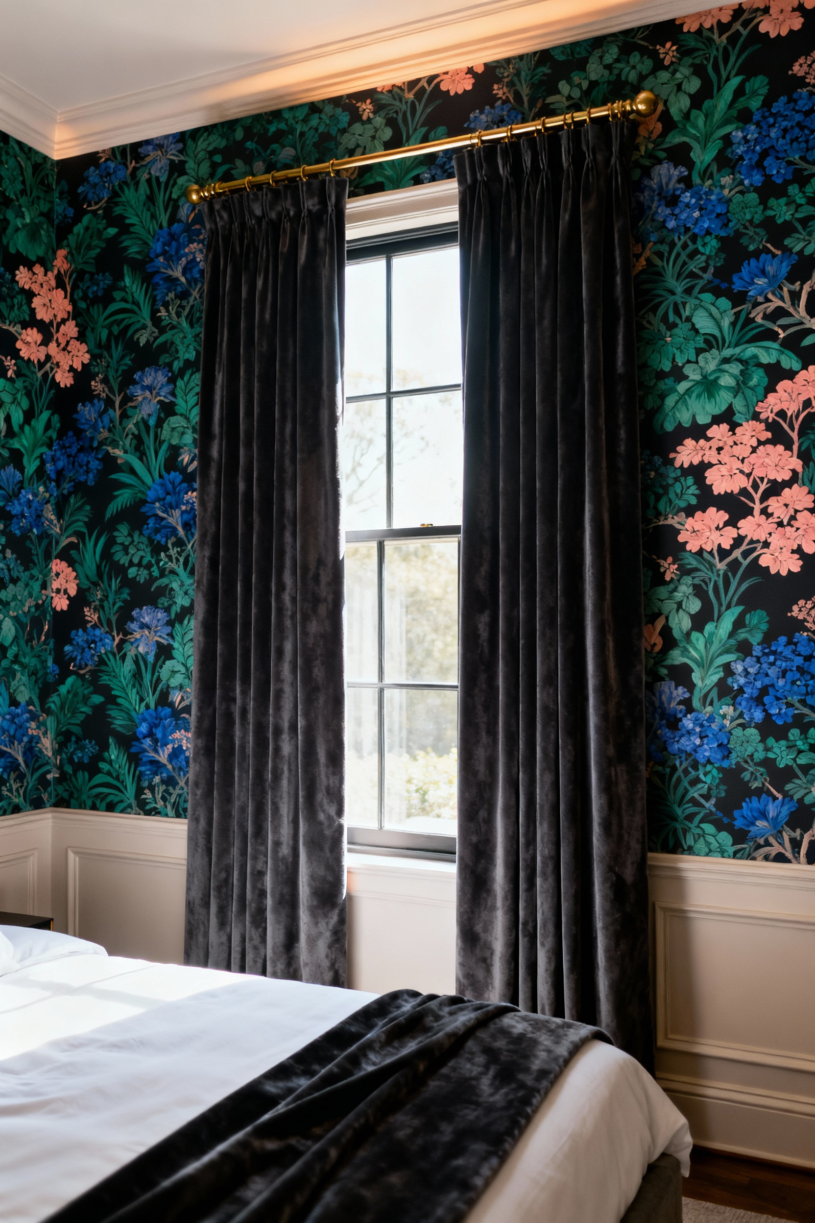 Full view of a luxury bedroom featuring a charcoal velvet heavy drape paired perfectly with a maximalist Chinoiserie wallpaper accent wall behind a window.