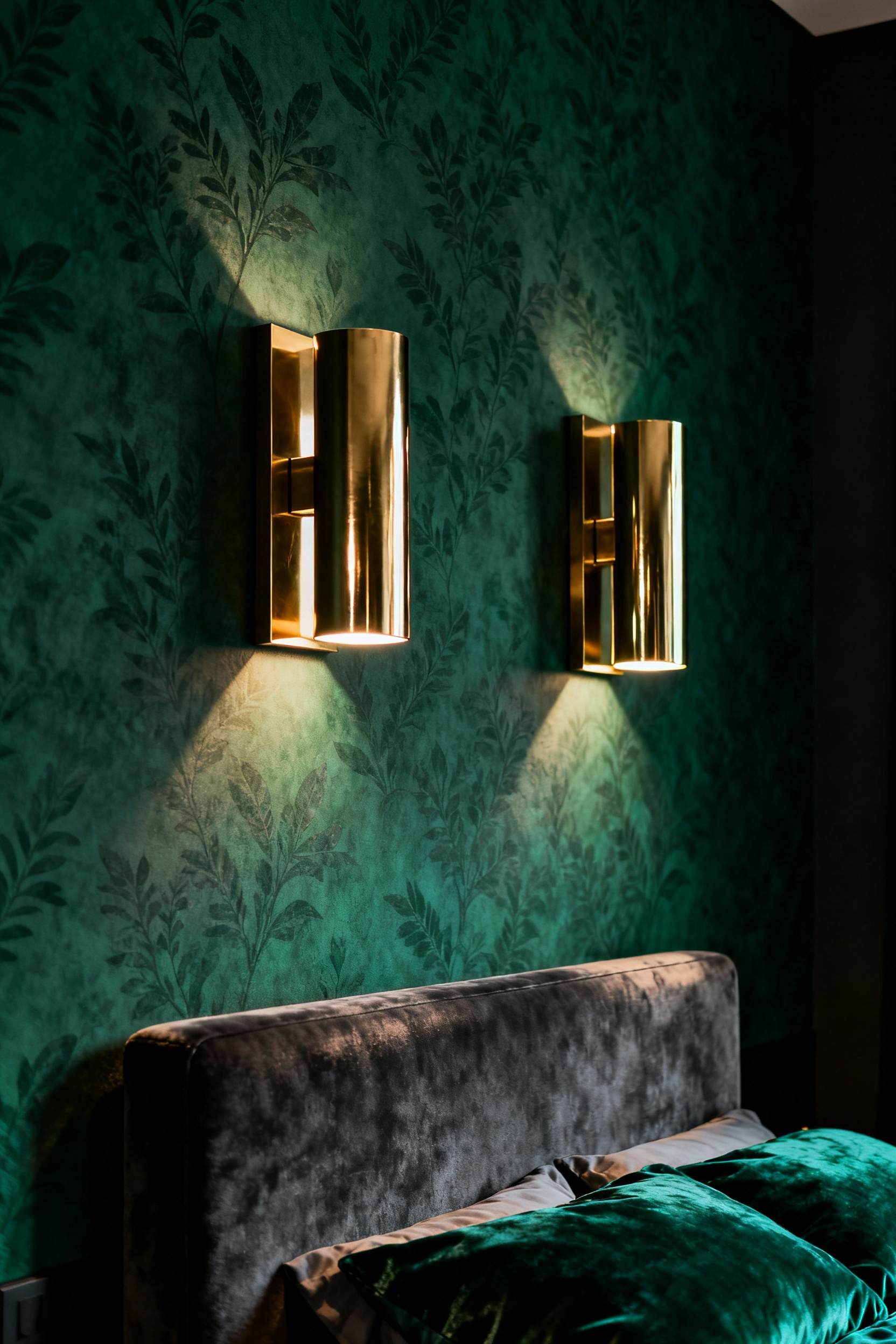 A high-contrast bedroom wallpaper accent wall featuring deep emerald botanical wallpaper and symmetrical polished brass wall sconces, showcasing dramatic lighting integration.