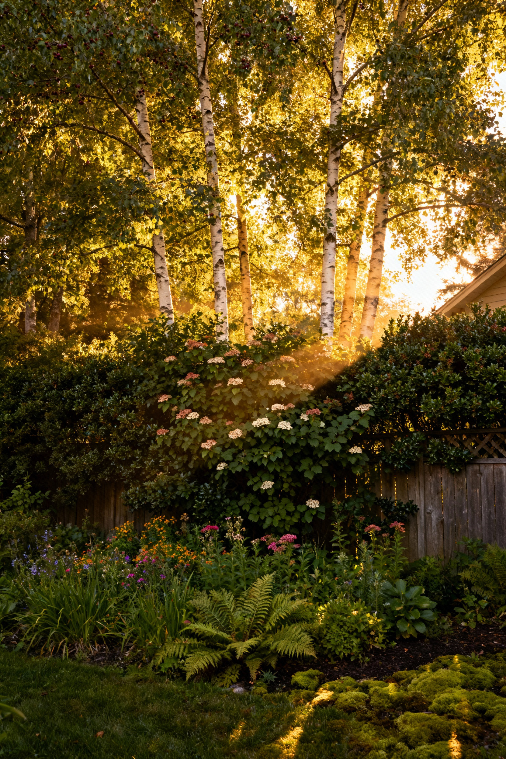 A hyper-realistic photograph of a multi-layered native plant biodiversity corridor in a back yard, featuring tall canopy trees, dense continuous understorey hedges, and a base layer of colorful herbaceous flowers, captured during golden hour with strong volumetric light.