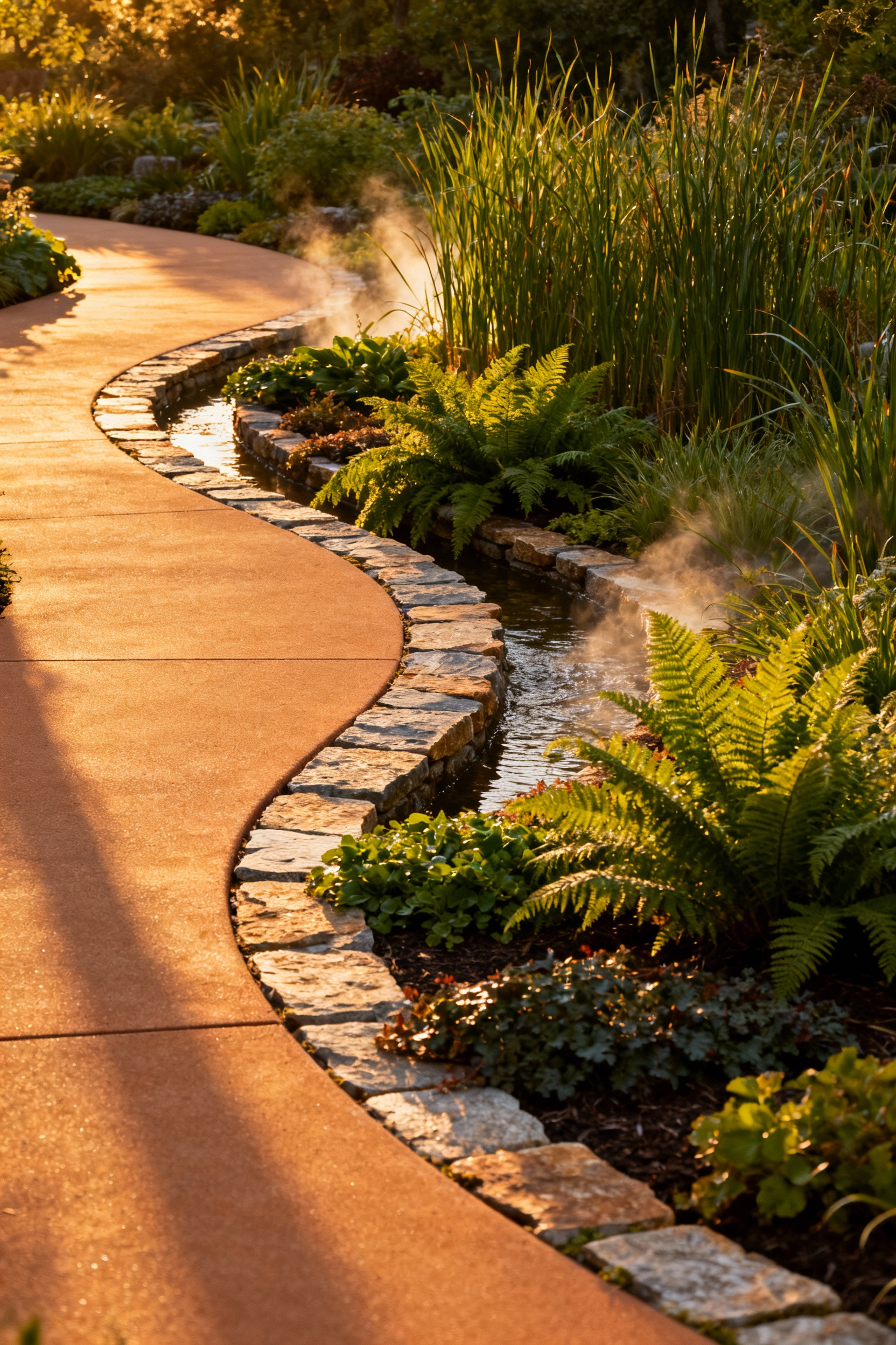 A vibrant, biophilic backyard design featuring a winding stone hardscape path bordered by overflowing, naturally evolving native plant life under warm golden hour lighting, illustrating the concept of nurturing a landscape ecosystem.