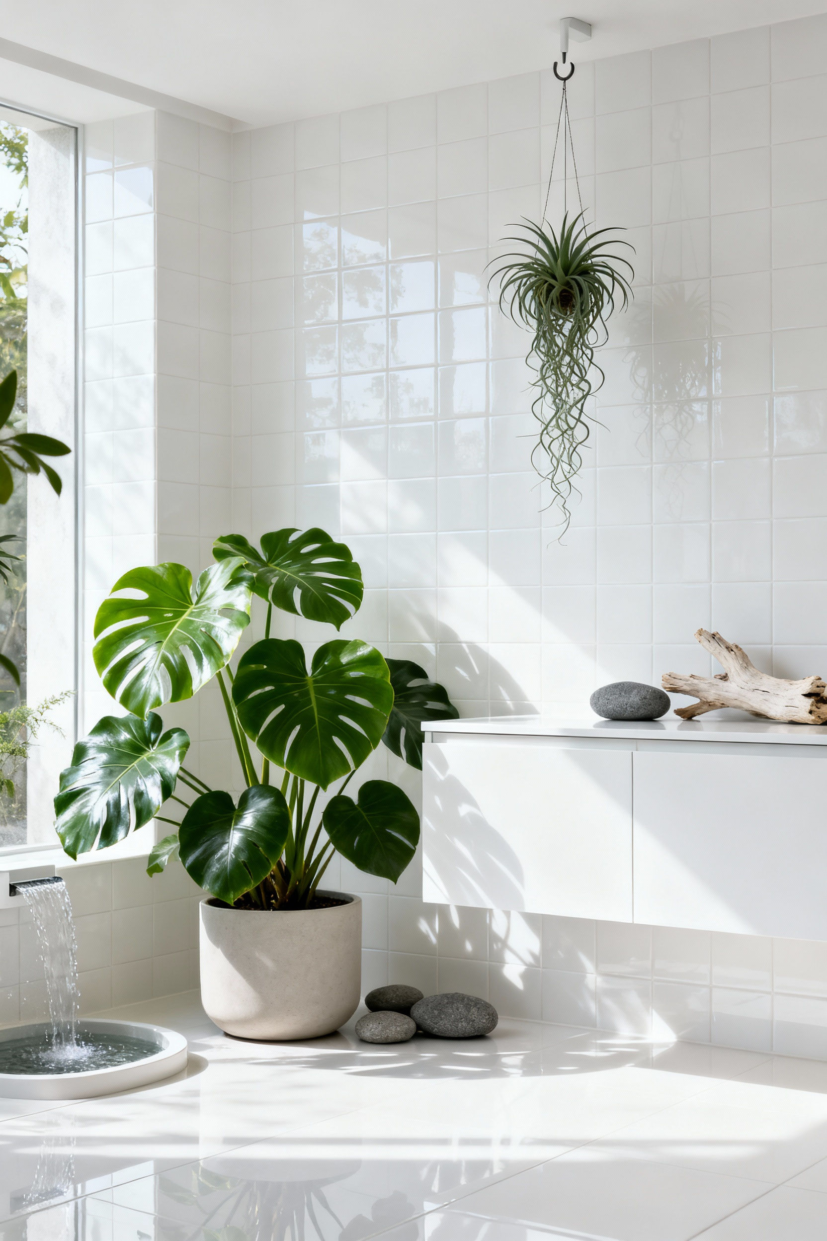 Modern minimalist bathroom featuring white tiles contrasted with lush green plants like a Monstera deliciosa, a hanging air plant, a small water feature, and decorative river stones, illustrating biophilic design for visual harmony.