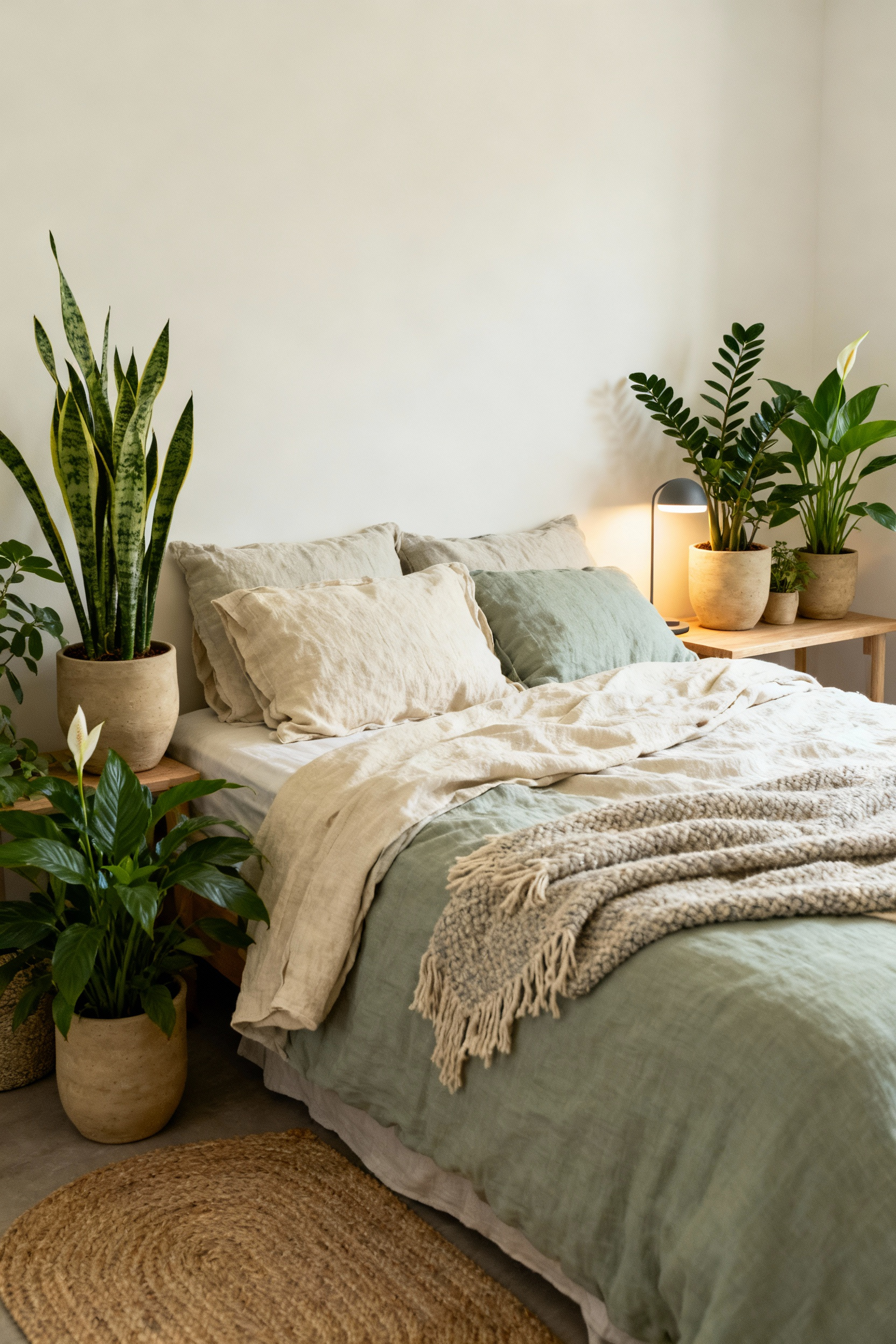 A serene bedroom featuring biophilic integration with a bed dressed in natural linen, several lush green plants in ceramic pots, a wooden bedside table, and soft, warm lighting, evoking a sense of tranquility and connection to nature.