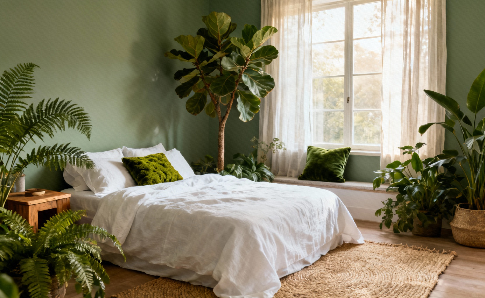 A serene bedroom featuring sage green walls, organic white bedding, natural wood furniture, and abundant indoor plants, illustrating a restful biophilic design aesthetic.