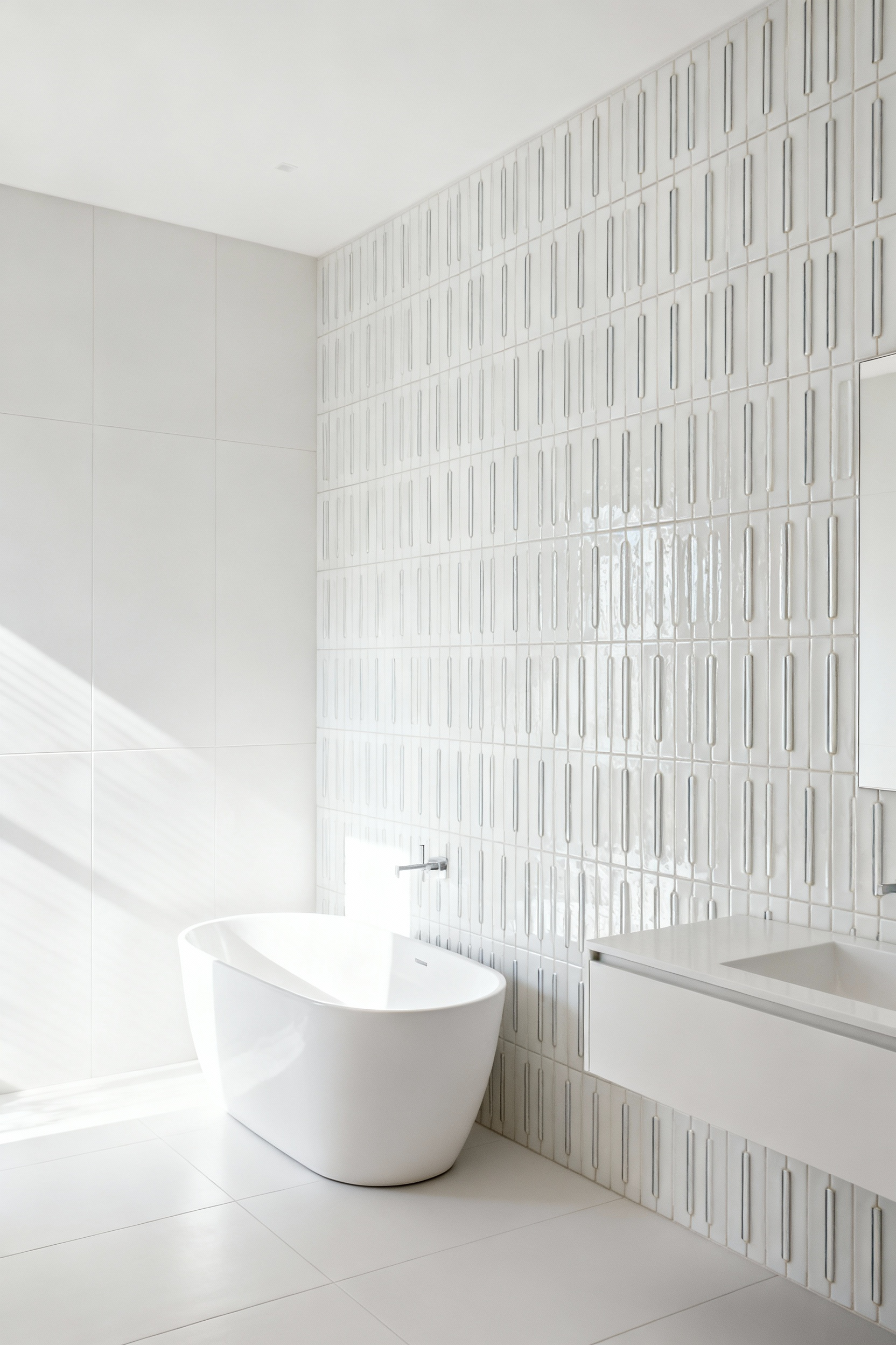 White bathroom interior featuring biophilic white tile patterns with vertical and horizontal lay, creating visual rhythm and a serene spa-like atmosphere.
