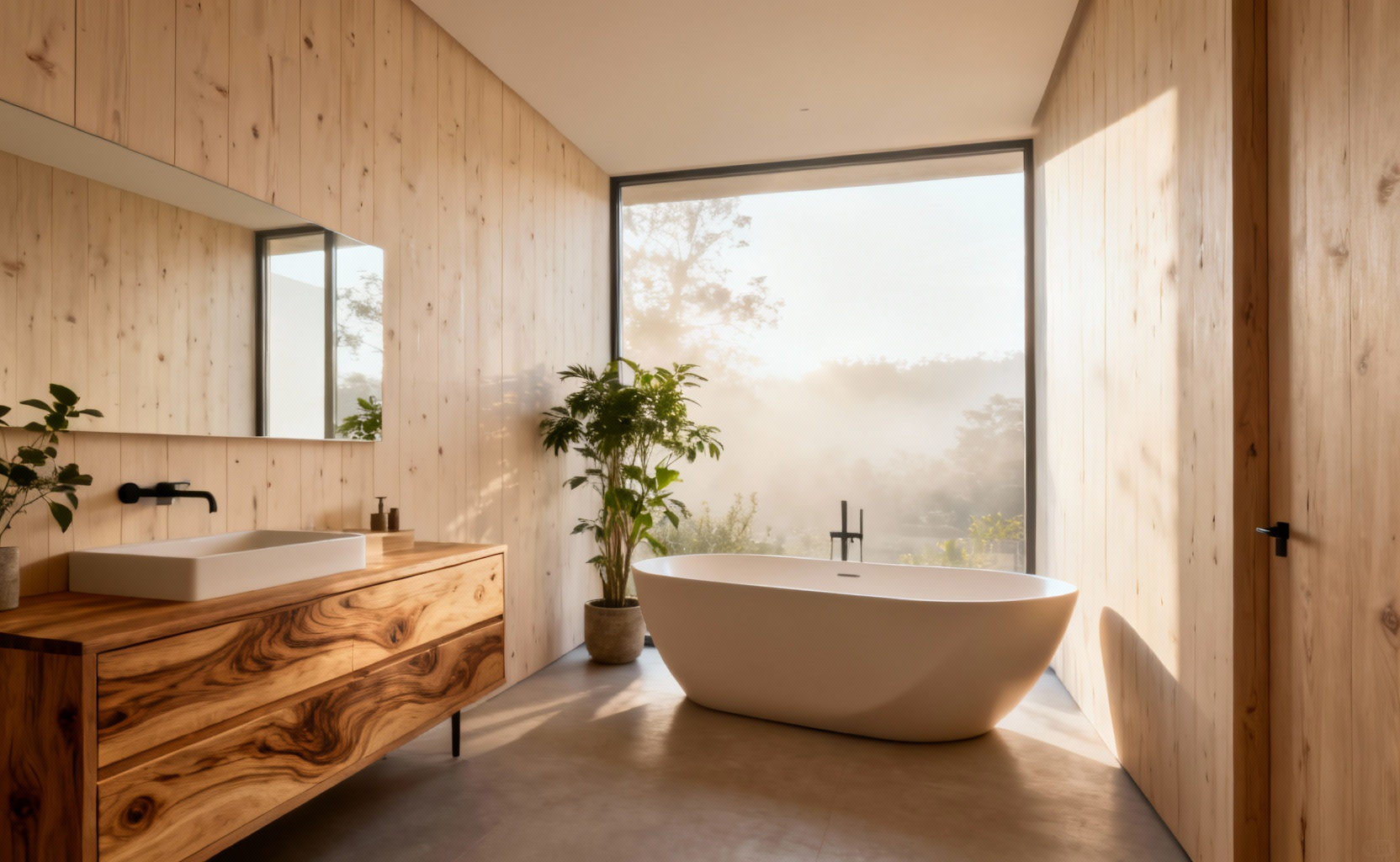 A serene biophilic bathroom featuring extensive natural wood paneling, a modern soaking tub bathed in natural light, and lush green plants creating a calming, restorative atmosphere.