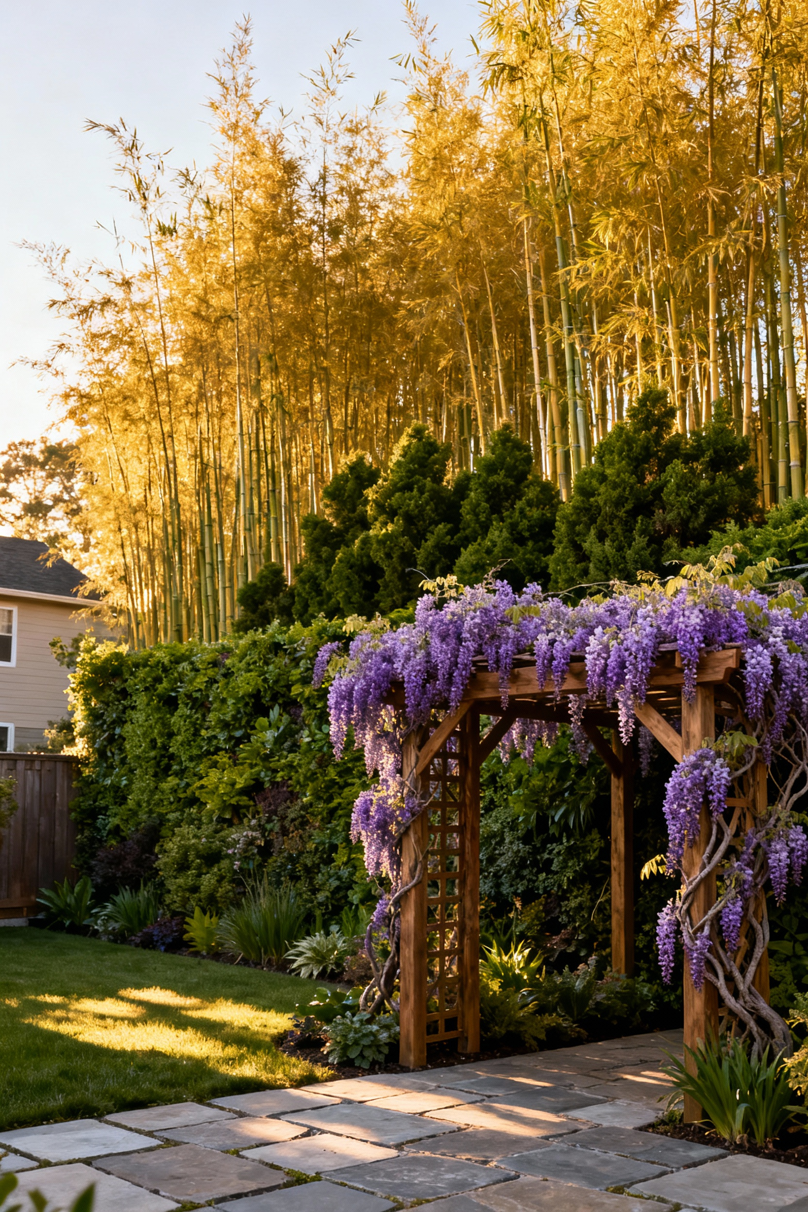 A layered biophilic living boundary in a backyard setting, featuring tall clumping bamboo, dense green shrubs, and an arbor trained with purple Wisteria vines, providing a natural and lush alternative to a rigid fence.