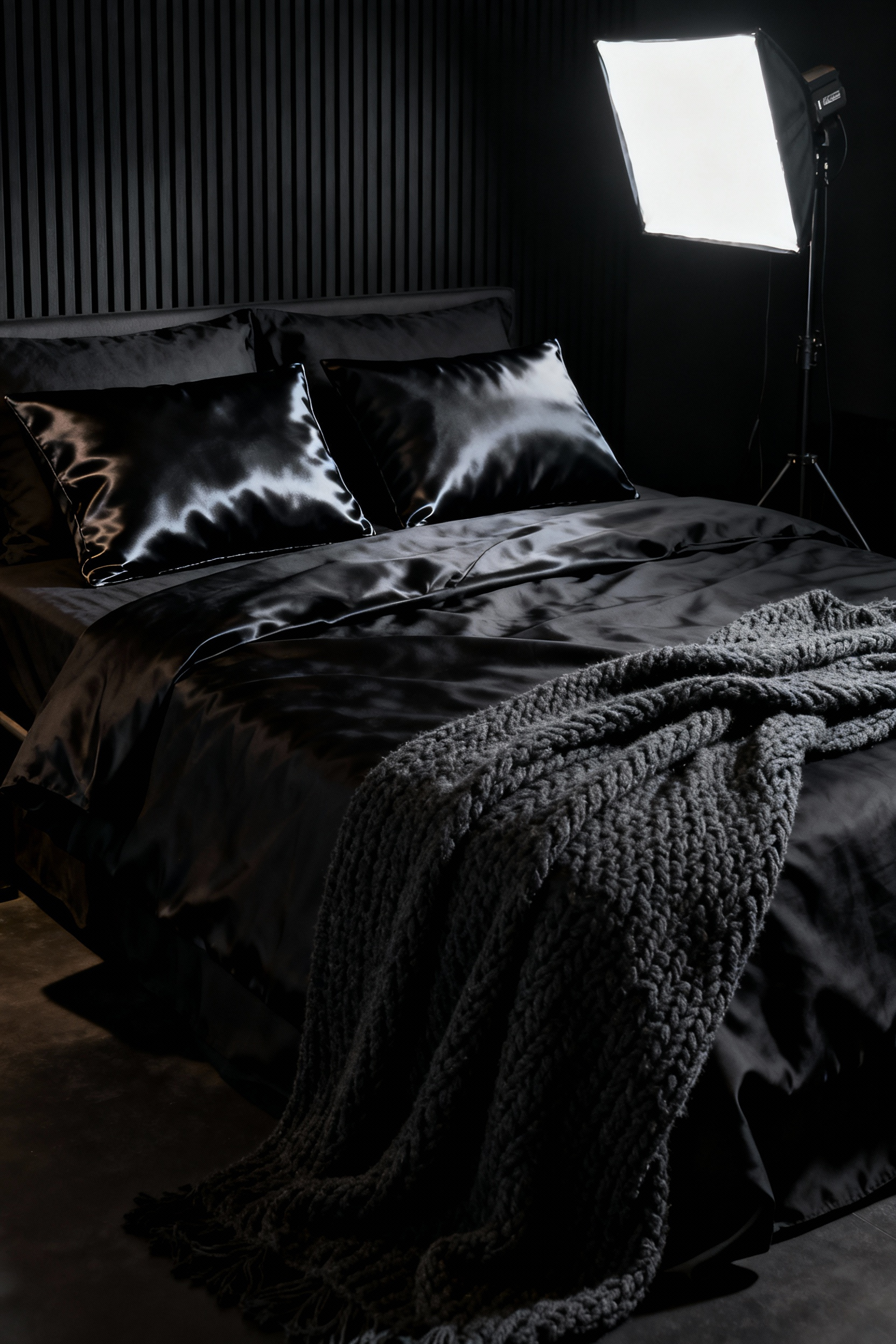 Detailed professional photograph of a luxury bedroom featuring a king bed layered with black-on-black linens, highlighting the contrast between matte washed linen sheets and glossy, reflective black silk pillowcases to achieve sophisticated texture.