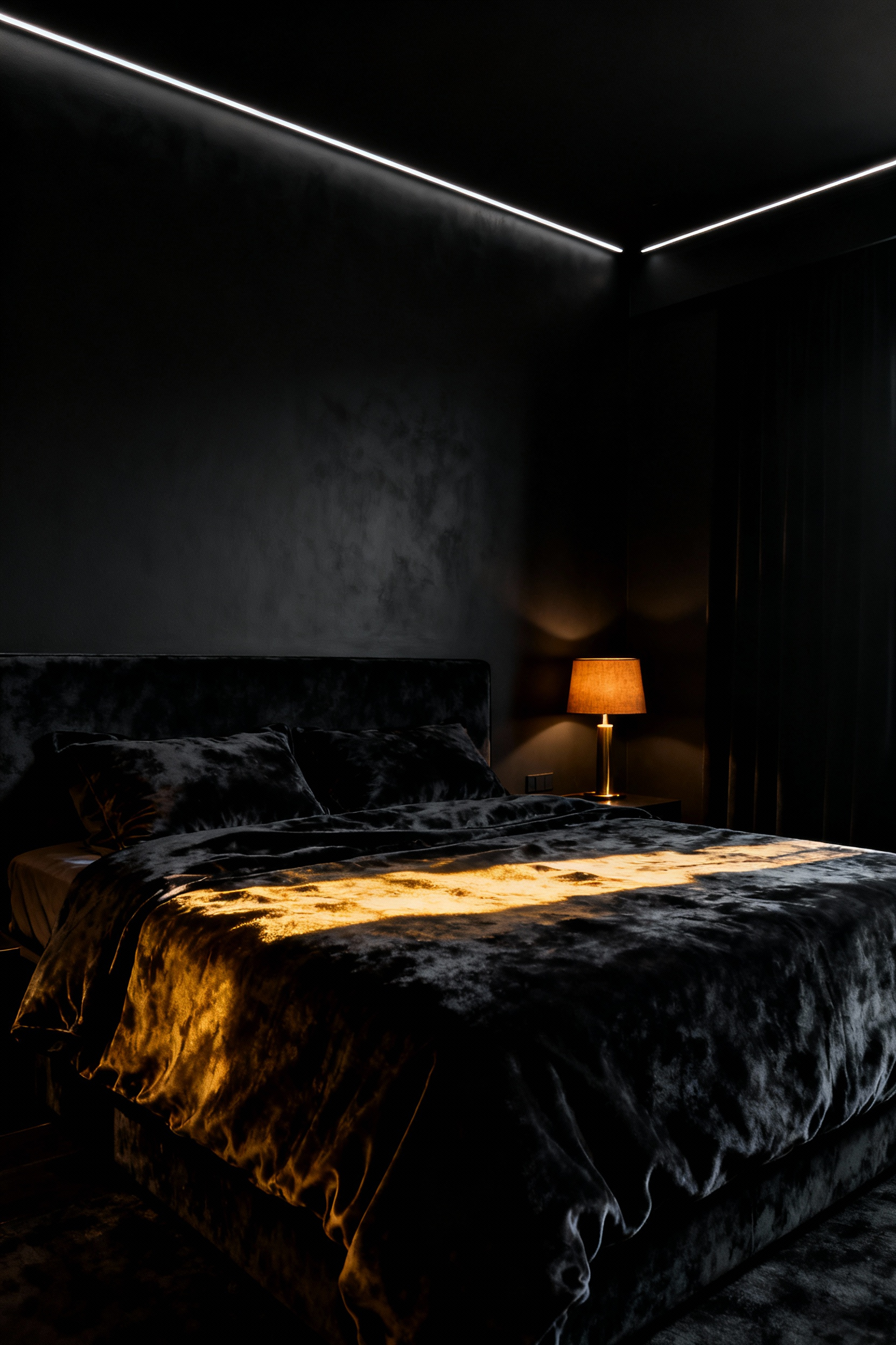 A dramatic black bedroom featuring high-contrast Chiaroscuro lighting, where pools of intensely warm, golden light highlight a dark velvet bed against rich, matte black walls.