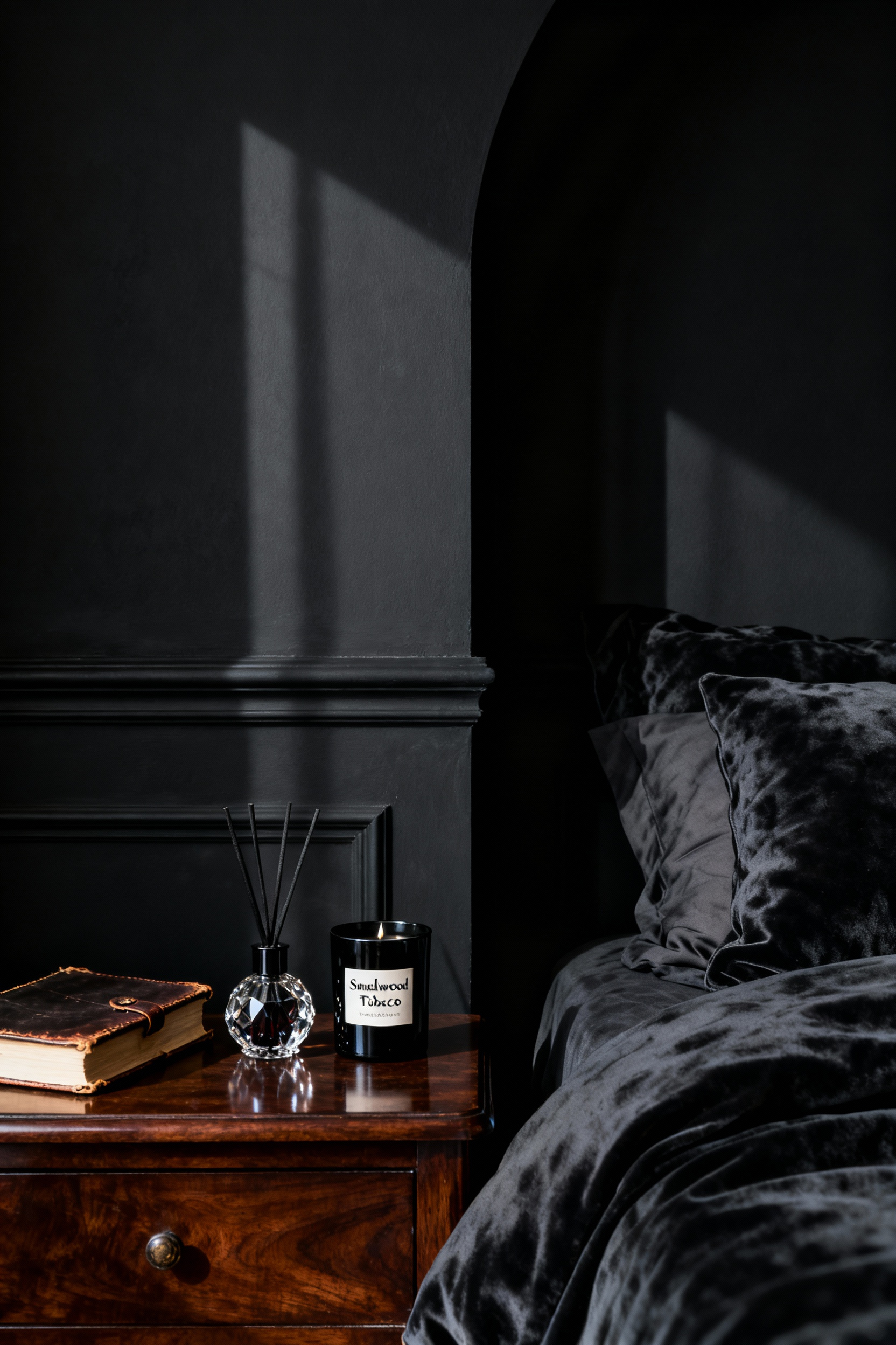 A moody, gothic-inspired black bedroom featuring a nightstand displaying a leather journal and a luxury sandalwood and tobacco scented candle, emphasizing atmospheric depth.