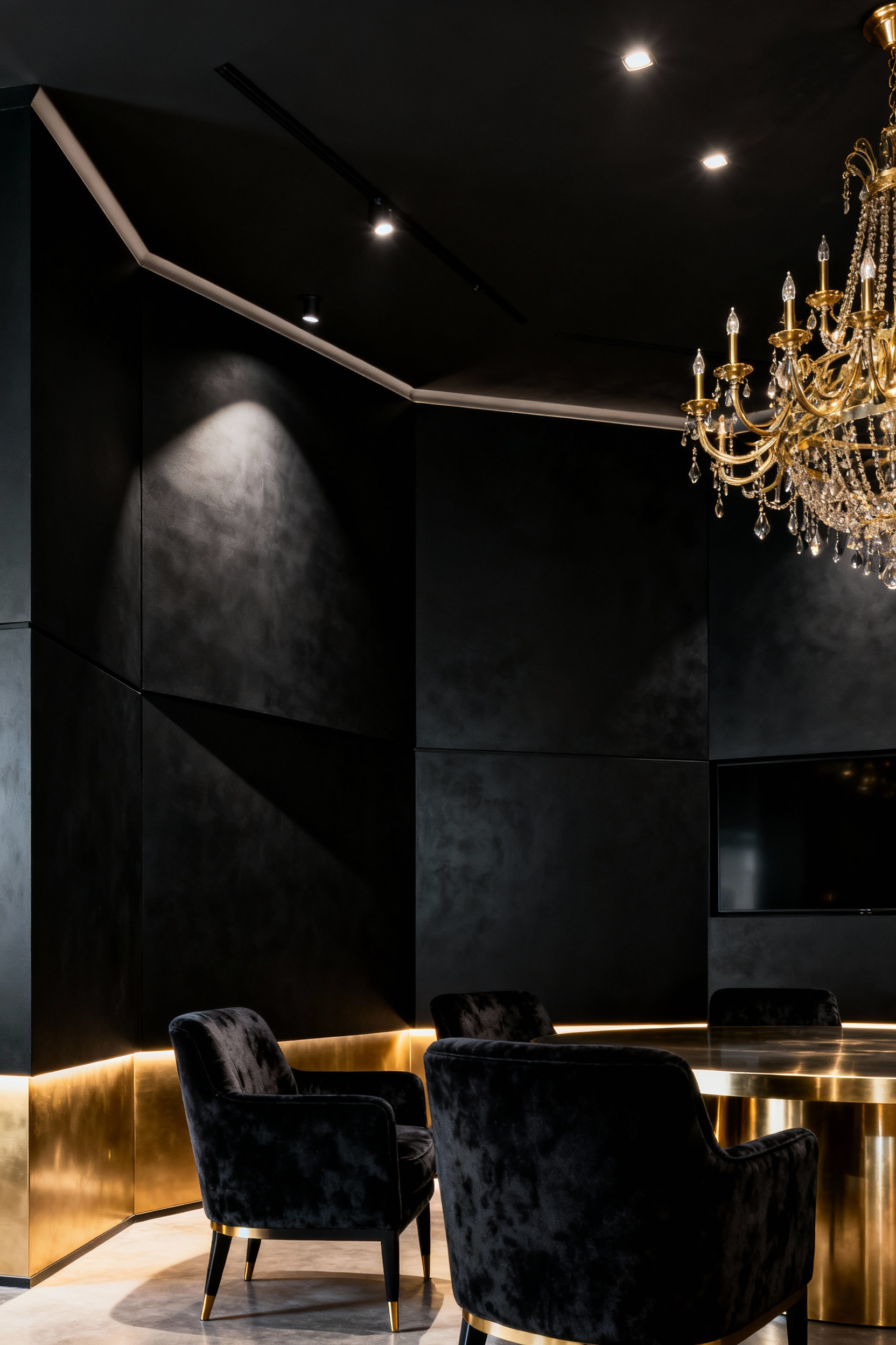 A luxurious black dining room showcasing architectural intent with black walls defining spatial boundaries, accented by strategic lighting and sophisticated textures. Emphasizes Black Dining Room Boundaries and architectural elegance.