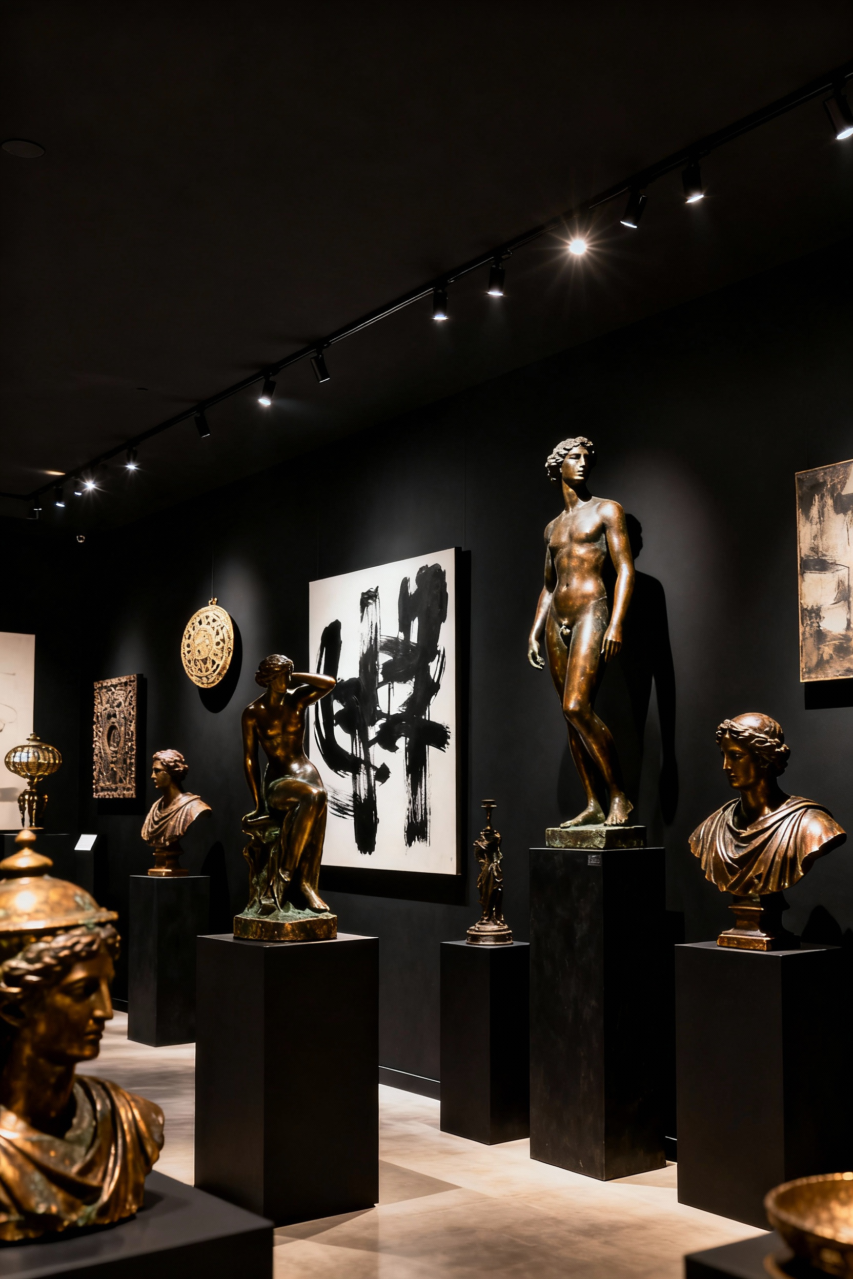 Black dining room with precisely lit art and objects displayed on matte black walls, demonstrating curatorial display techniques to create visual impact and narrative depth.