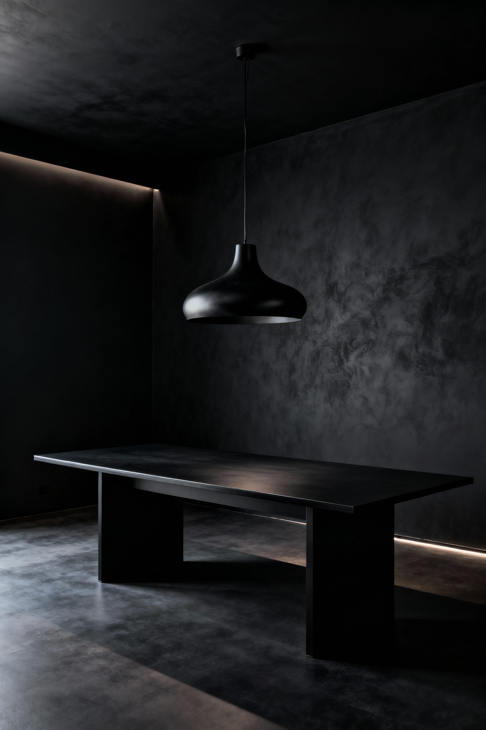 Portrait view of a luxurious black dining room, minimalist design with intentional negative space, matte black walls, sculptural light fixture above a polished black dining table, emphasizing visual poise and understated luxury.
