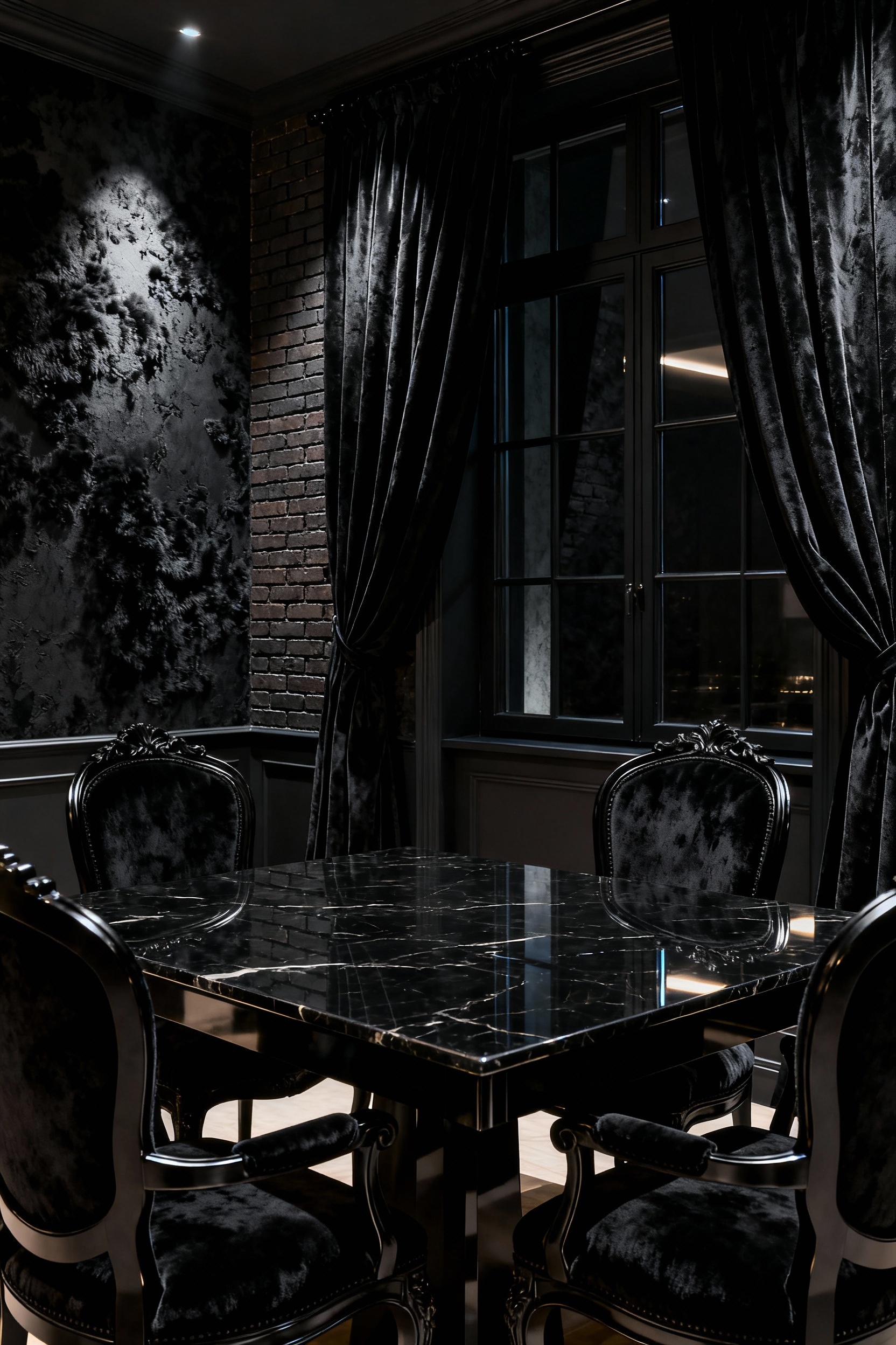 Luxurious black dining room showcasing rich textural contrast: velvet dining chairs, polished black marble table, and textured dark wall, expertly lit to highlight material differences.
