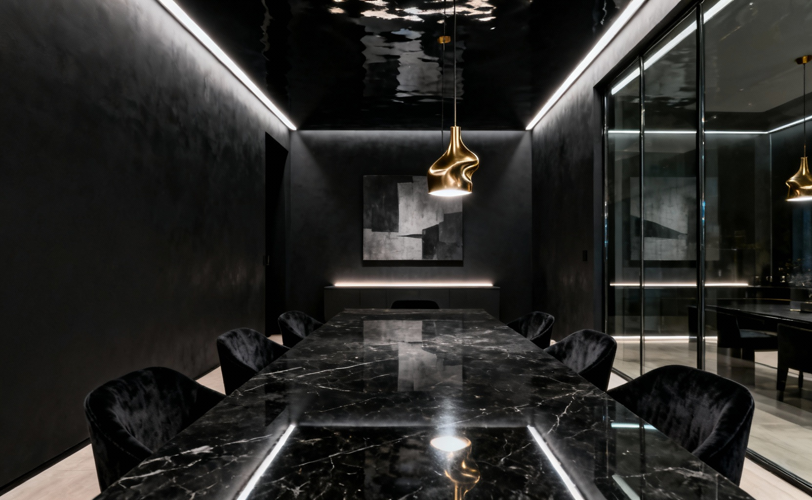 An elegant black dining room featuring matte and glossy black surfaces, sophisticated brass pendant lights, a dark polished stone table, velvet chairs, and a smoked glass mirror. The multi-tiered lighting enhances depth and creates an expansive, luxurious feel. No people.