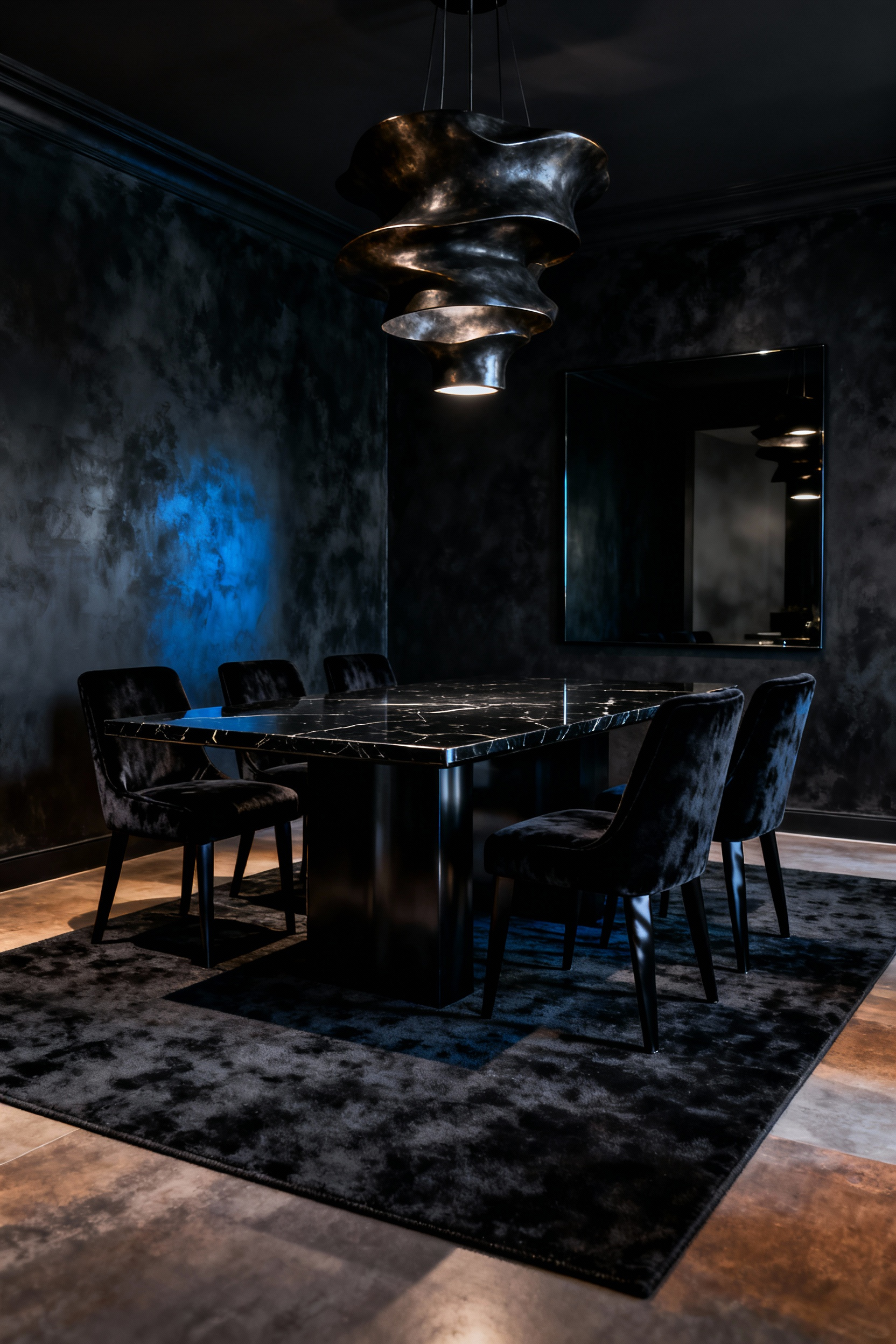 Luxury black dining room showcasing a variety of black finishes, textures, and undertones including matte black walls, polished black marble table, velvet chairs, and metallic black accents, highlighting deep luxury and layered depth.