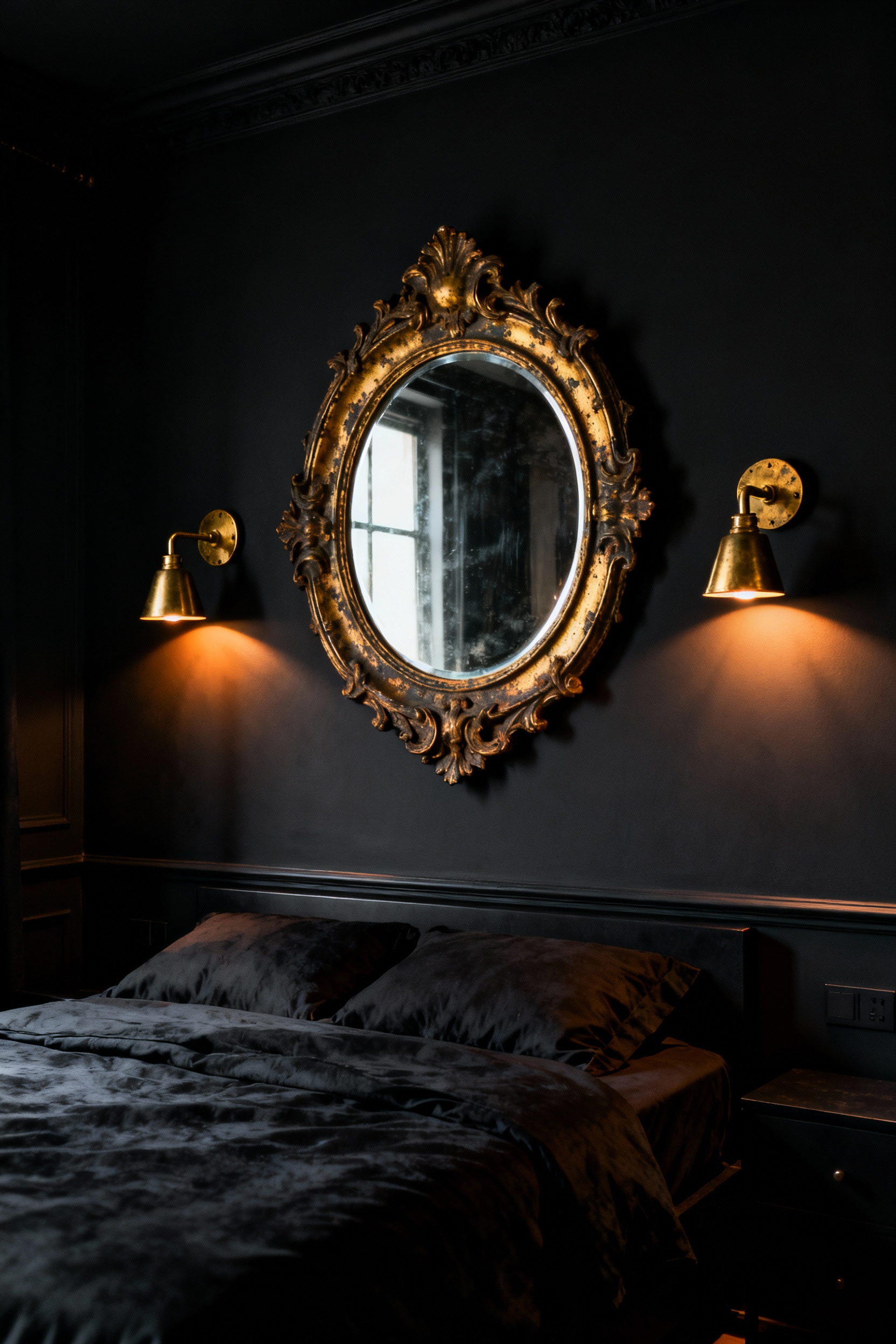 Dramatic interior photograph of a high-end black bedroom where the dark walls are accented by the warm contrast of patinated unlacquered brass and antique gold light fixtures and mirror frames, preventing the room from appearing flat.