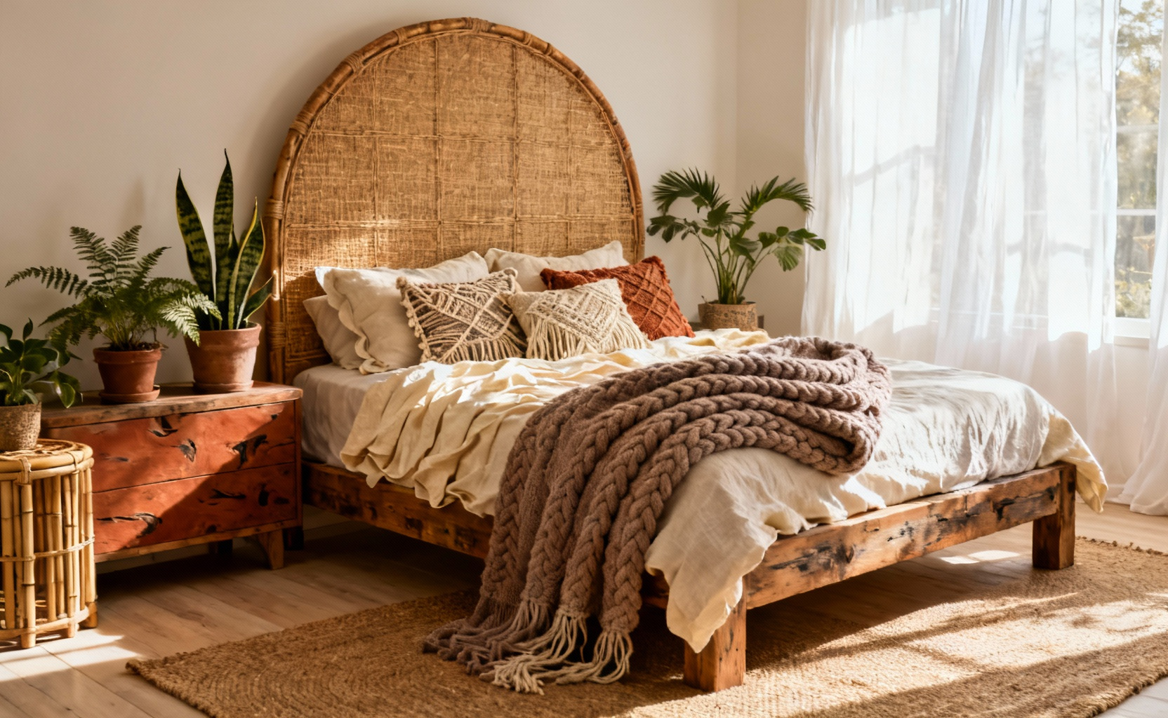 A cozy, fully furnished boho bedroom showcasing a natural cane headboard, weathered wooden furniture, layered linen bedding, and chunky cotton textures, embodying a sustainable, organic aesthetic.