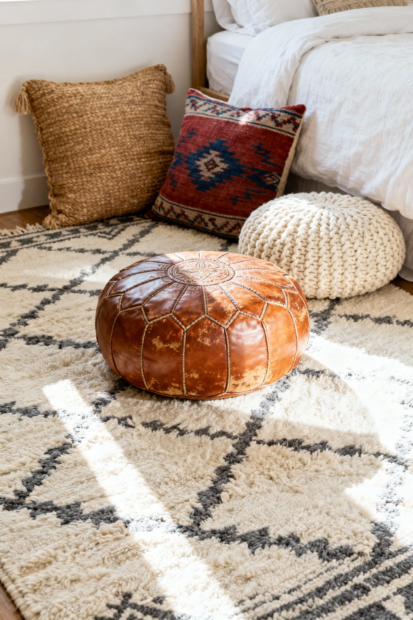 A cozy bohemian floor arrangement featuring a distressed Moroccan leather pouf surrounded by mismatched oversized floor cushions layered upon a textured Berber rug in soft sunlight.