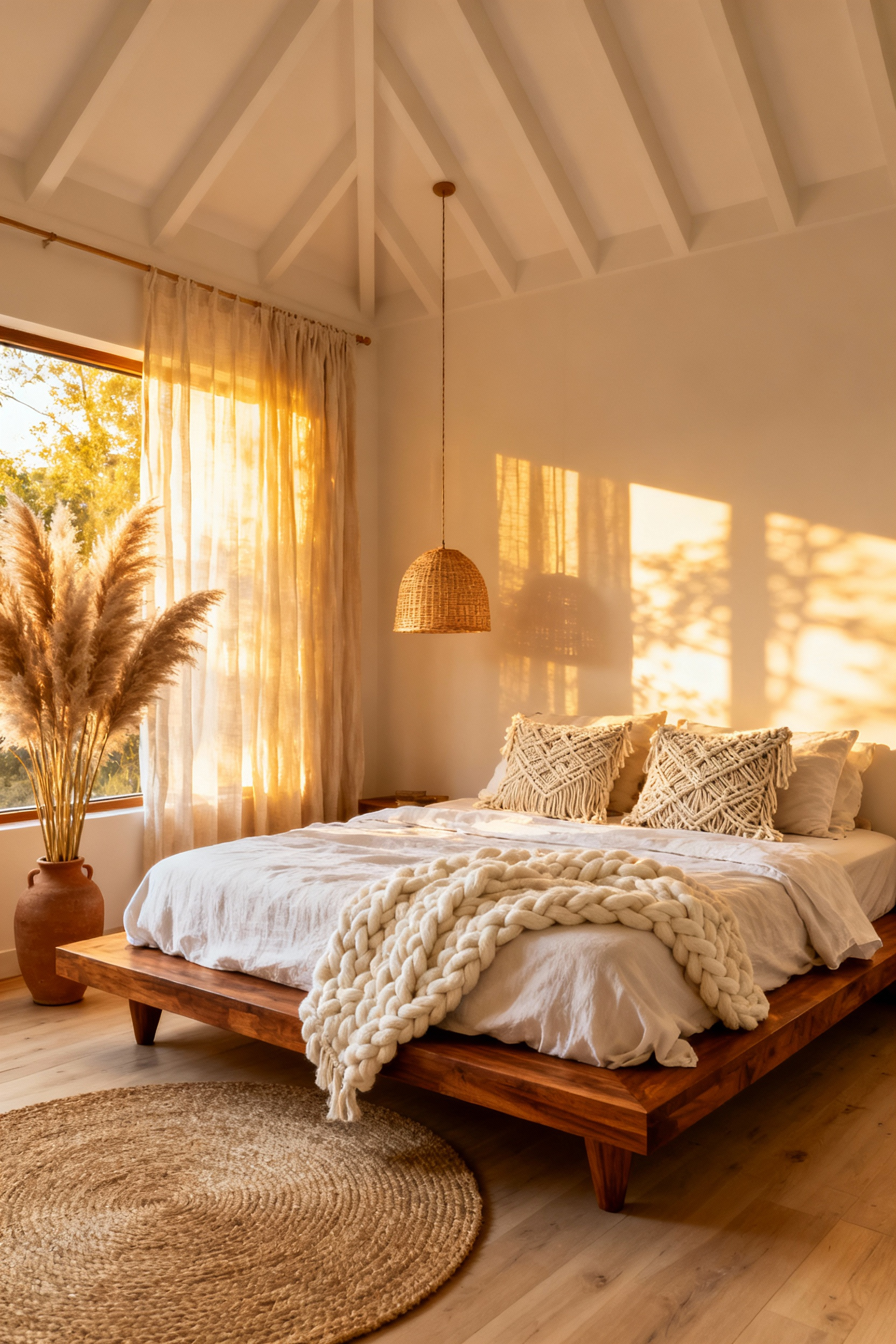 A bright, sun-drenched boho bedroom featuring a low-profile natural wood platform bed, layered natural textiles, and airy decor emphasizing the grounded appeal of bohemian bedroom furniture.