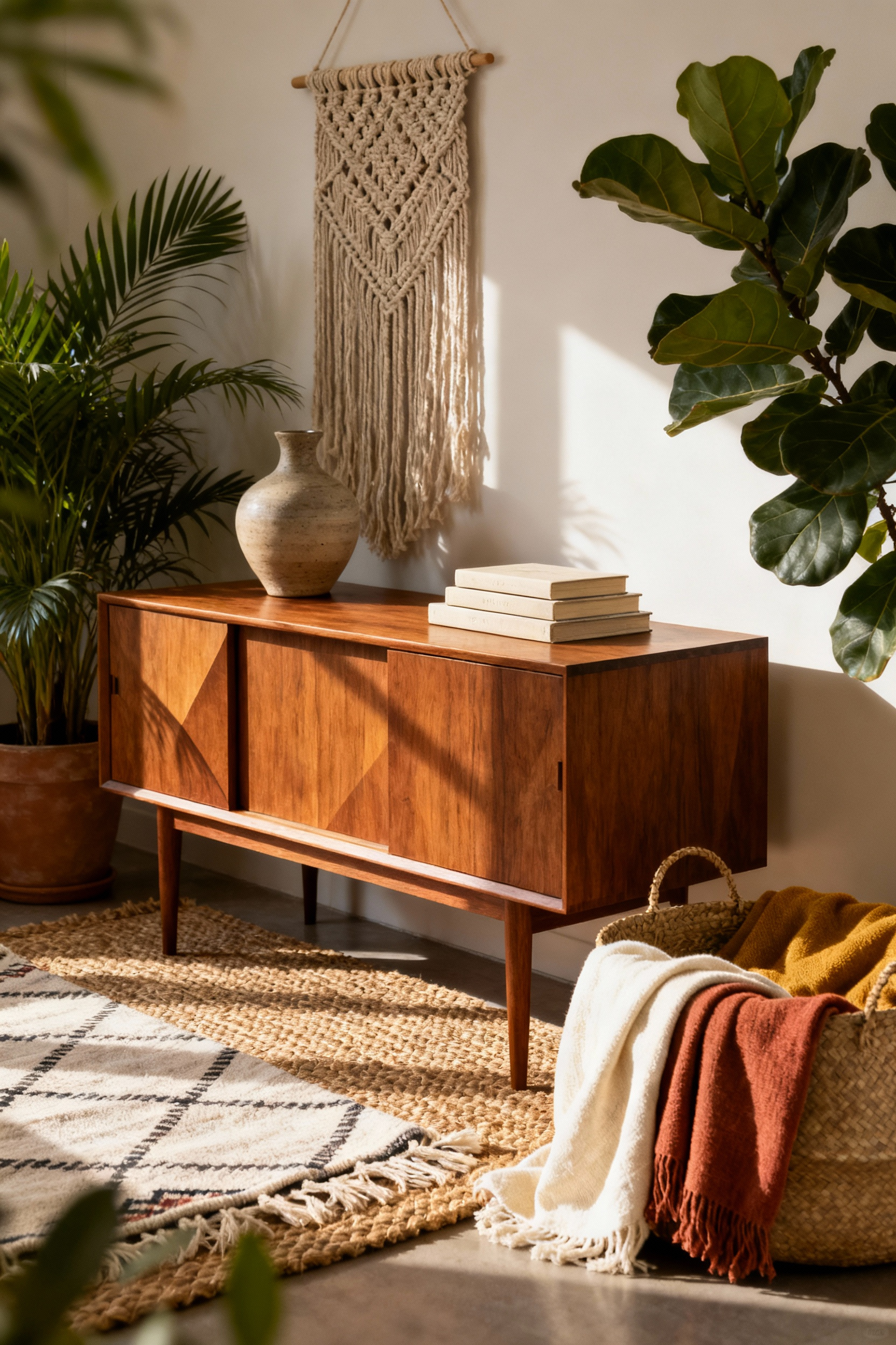 A restored Mid-Century Modern teak lowboy dresser provides a visual anchor in a bright boho bedroom, surrounded by layered natural fiber rugs, baskets, and vibrant, textural textiles.