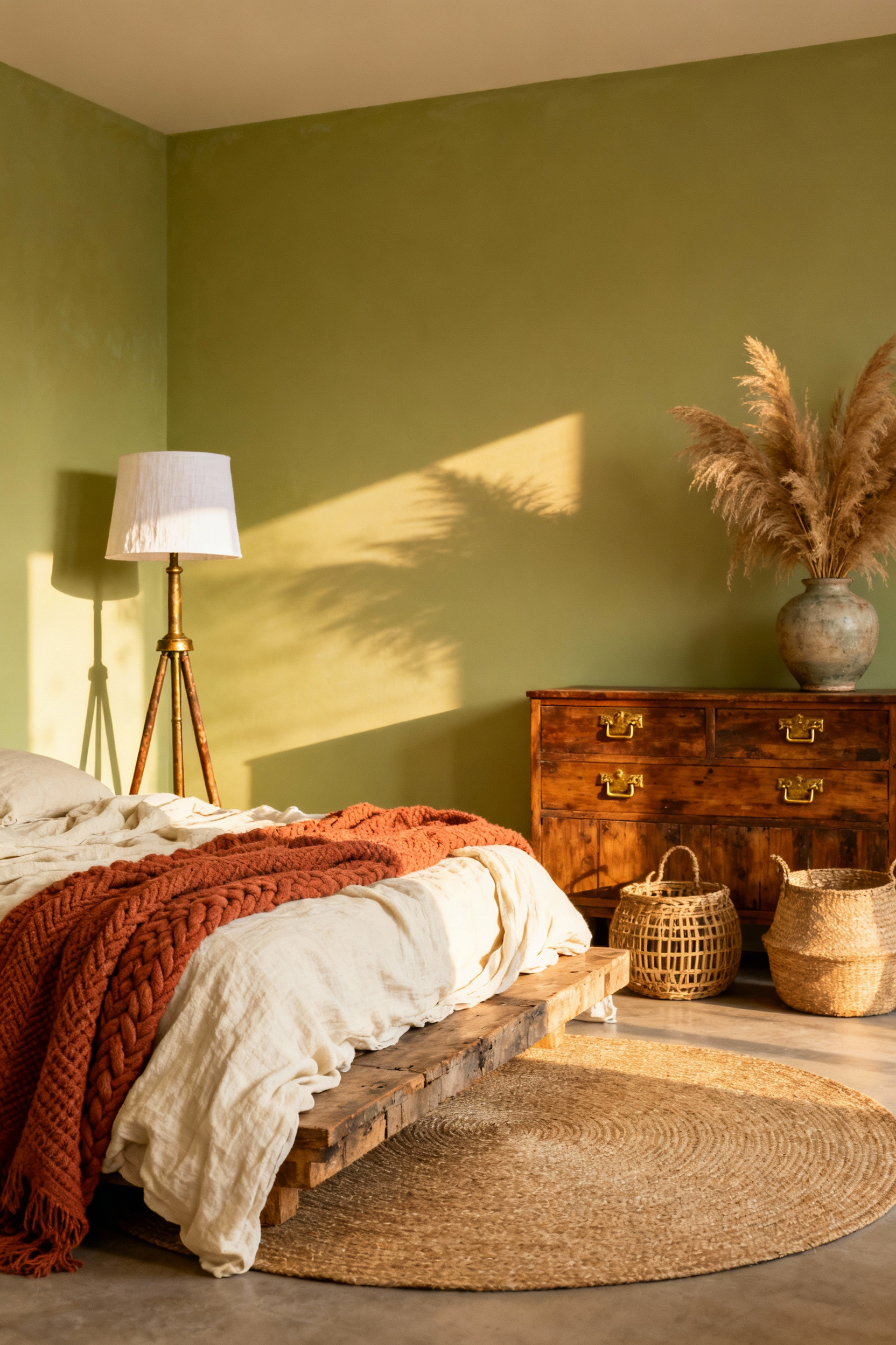 A warm, sunlit boho bedroom featuring a platform bed, layered linen bedding, and rattan accents. The room is anchored by small, intentional accents of antique, burnished brass, including a mid-century floor lamp and salvaged drawer pulls on a wooden dresser.