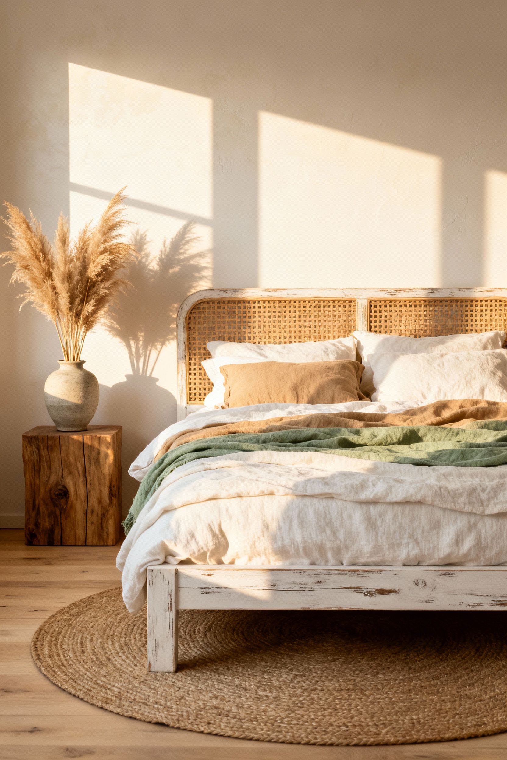 Statement boho bed with a large, distressed wood and woven cane headboard, layered in creamy linen and earthy textures, anchoring a warm, sunlit bedroom space.