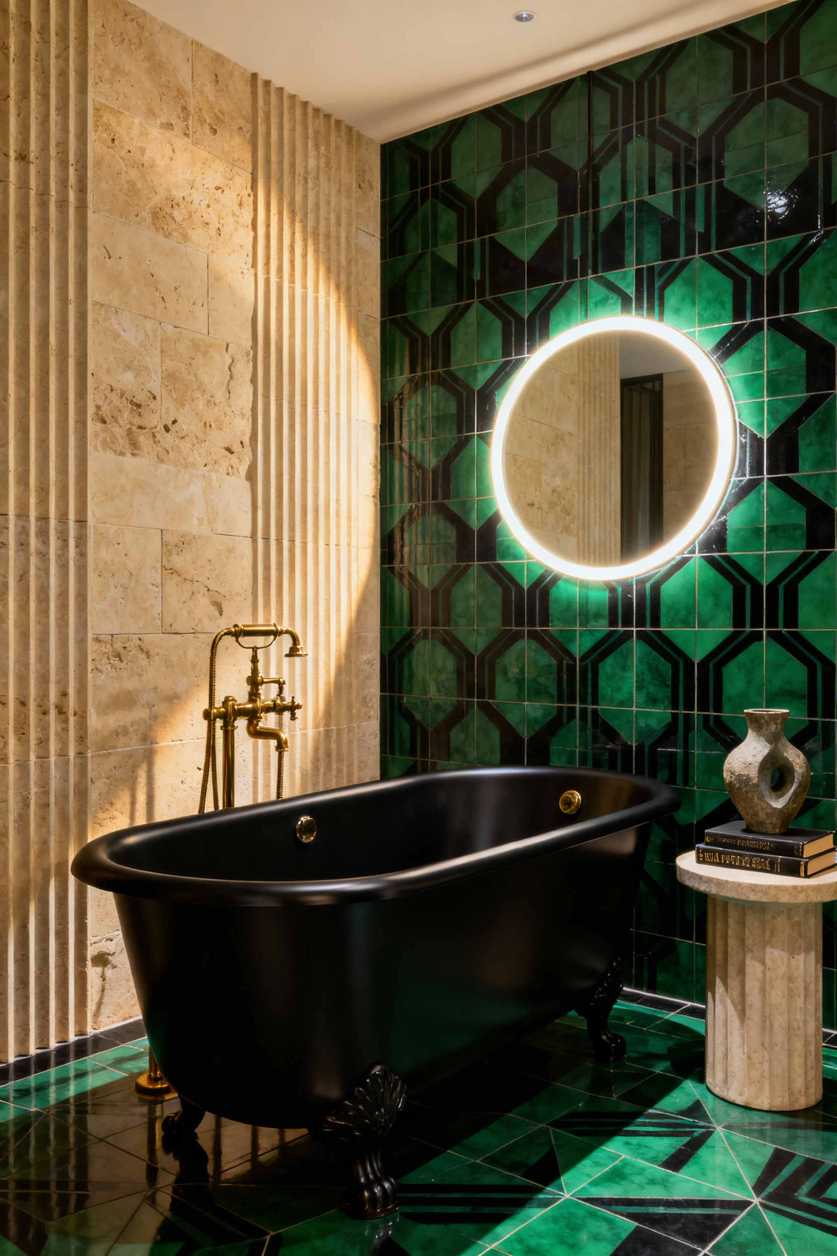 Luxurious bathroom featuring bold emerald and black geometric tile and dramatic vertical fluted travertine stone walls with antique brass fixtures creating a tactile and dramatic surface design.