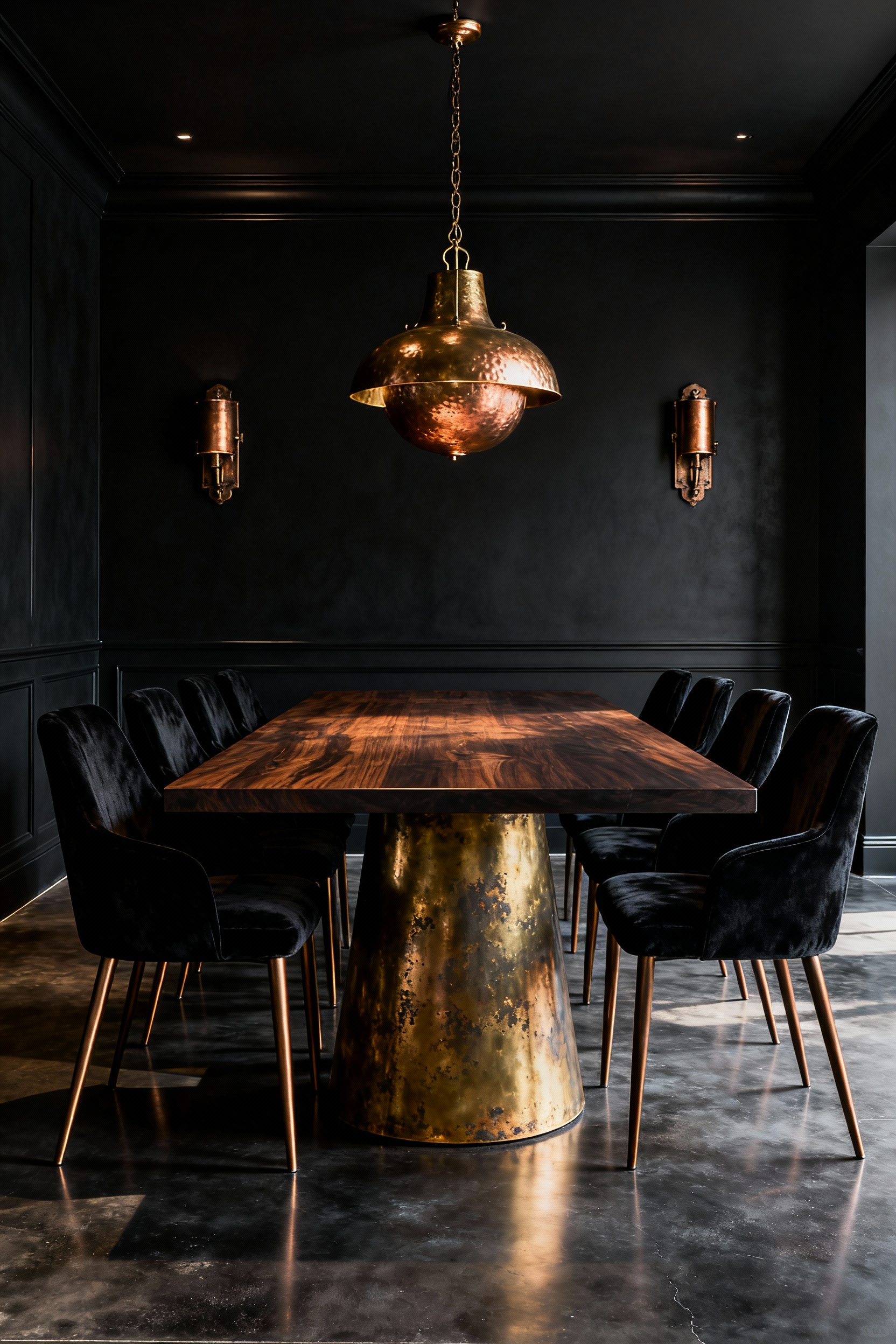 Luxurious black dining room featuring an oversized, hand-hammered aged brass chandelier, elegant dining chairs with bronze legs, and aged brass accents against deep matte black walls. Soft lighting highlights the metallic patinas.