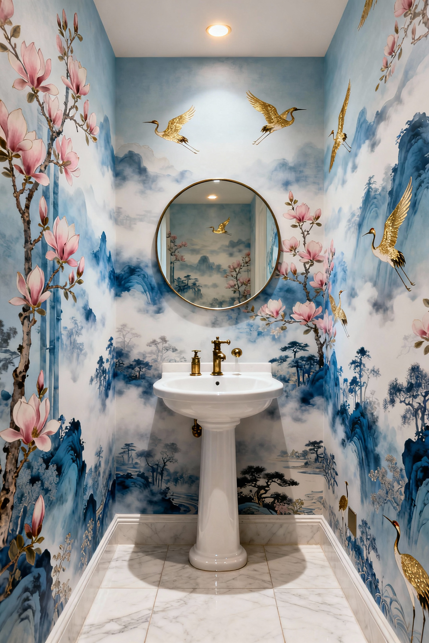 Small luxurious powder room interior featuring a continuous Chinoiserie scenic wallpaper mural depicting blue landscapes and white cranes, designed to create depth and expand the room visually.