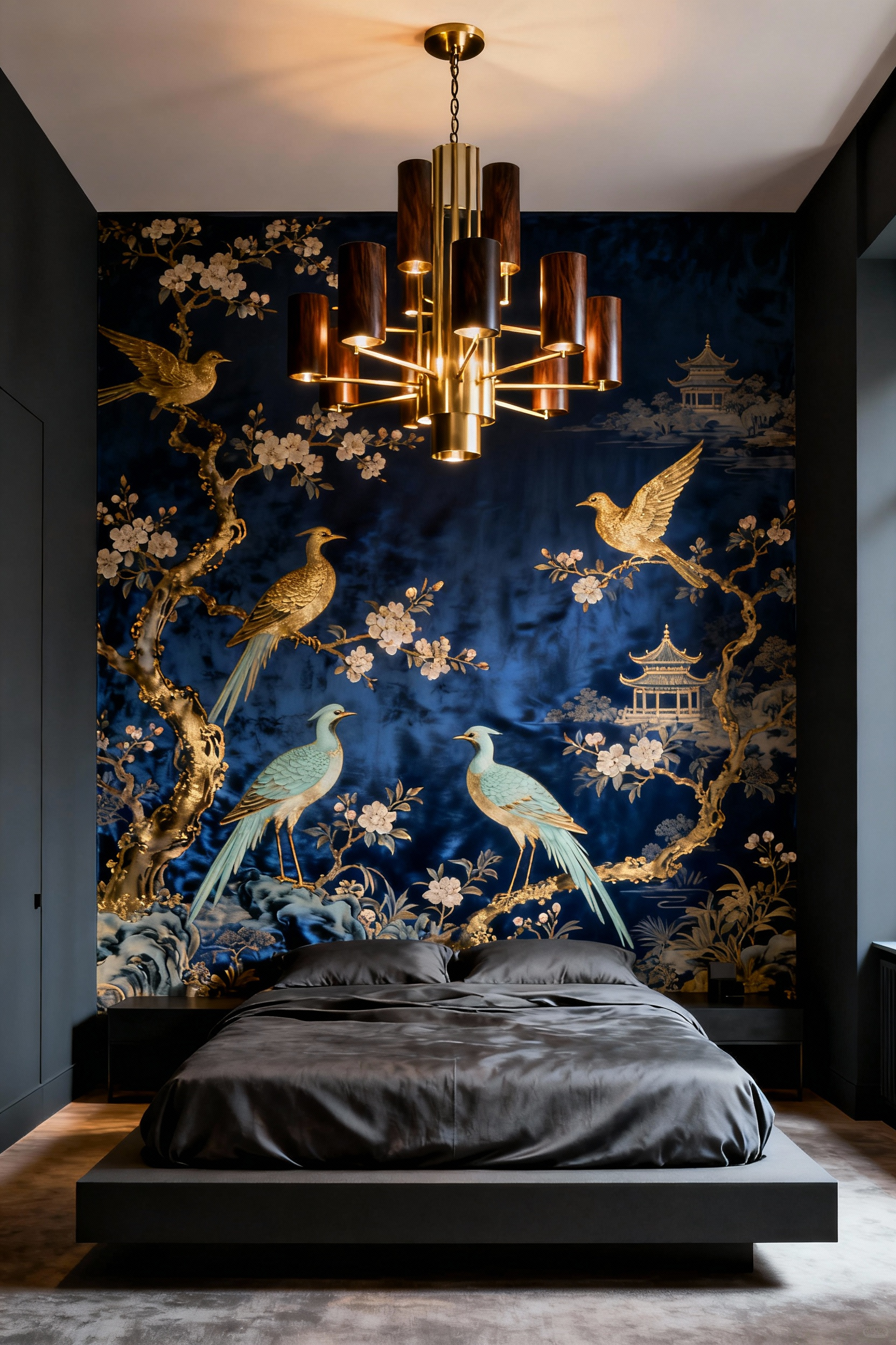 Luxurious bedroom featuring a deep indigo hand-painted Chinoiserie accent wall contrasted with a sleek, mid-century brass light fixture above a charcoal platform bed.