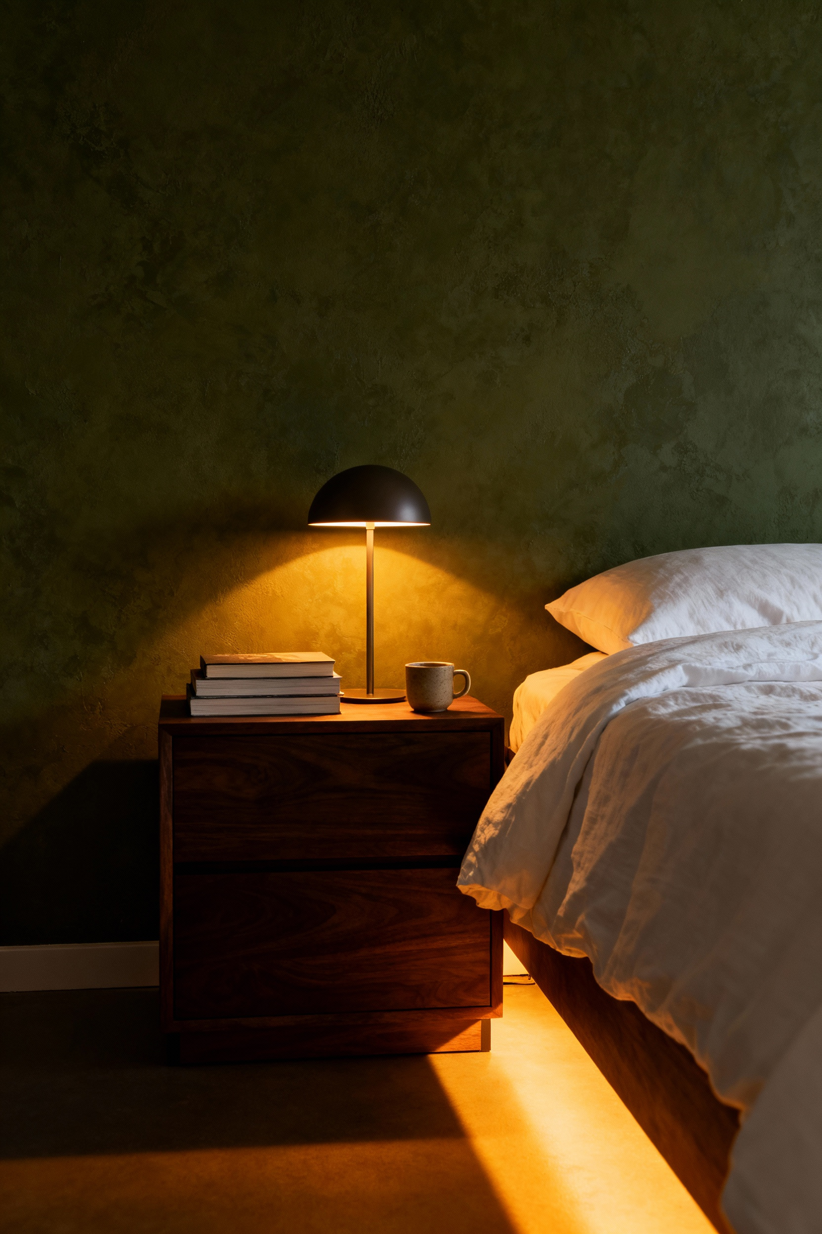 A sage green bedroom illuminated by extremely warm (2200K) golden light from a bedside lamp, demonstrating circadian-friendly lighting for deep sleep.