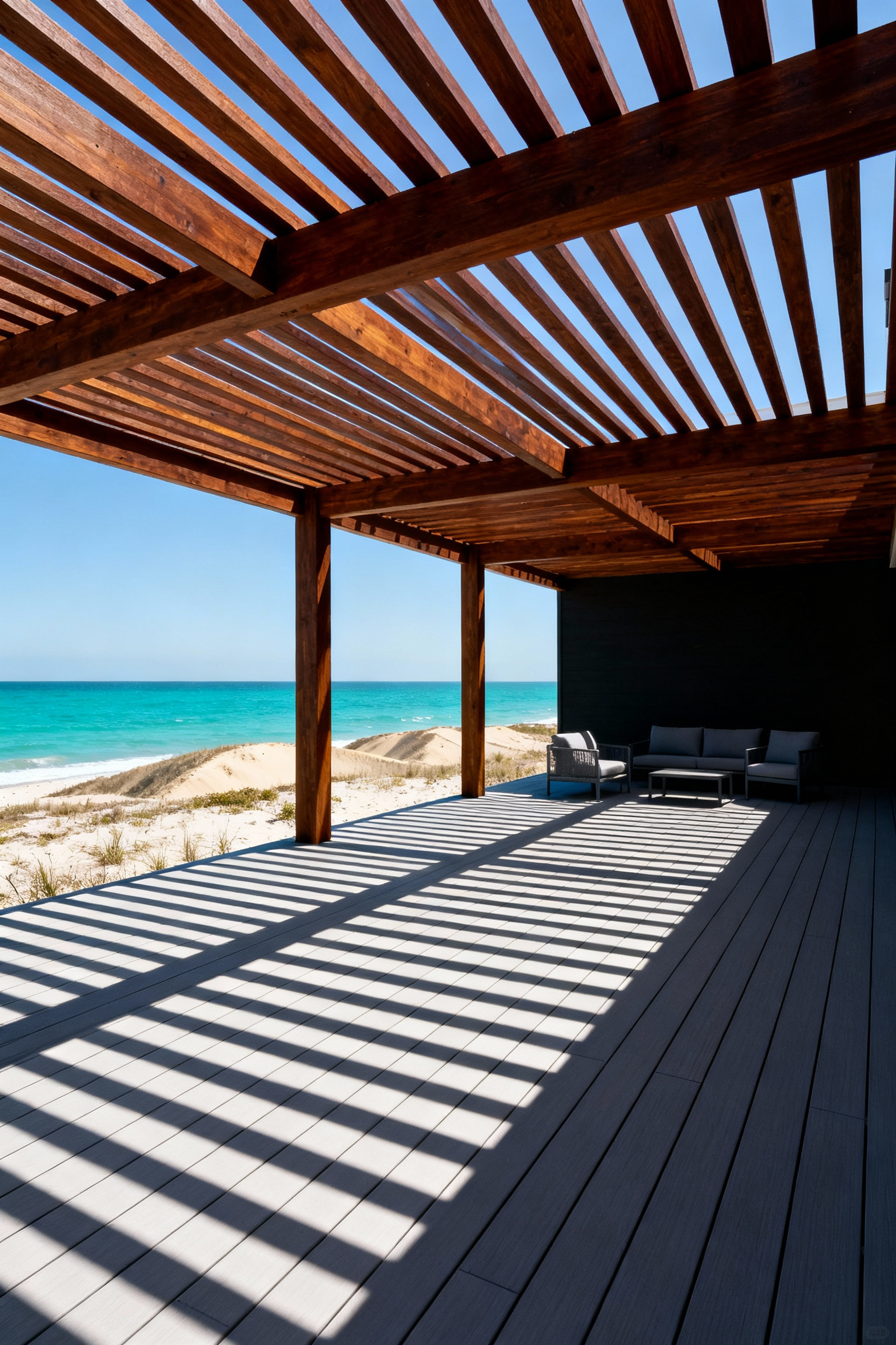 Detailed photograph illustrating the narrow, crisp shadows cast by East-West oriented slats on a coastal back porch pergola at high noon, demonstrating effective bioclimatic cooling design.