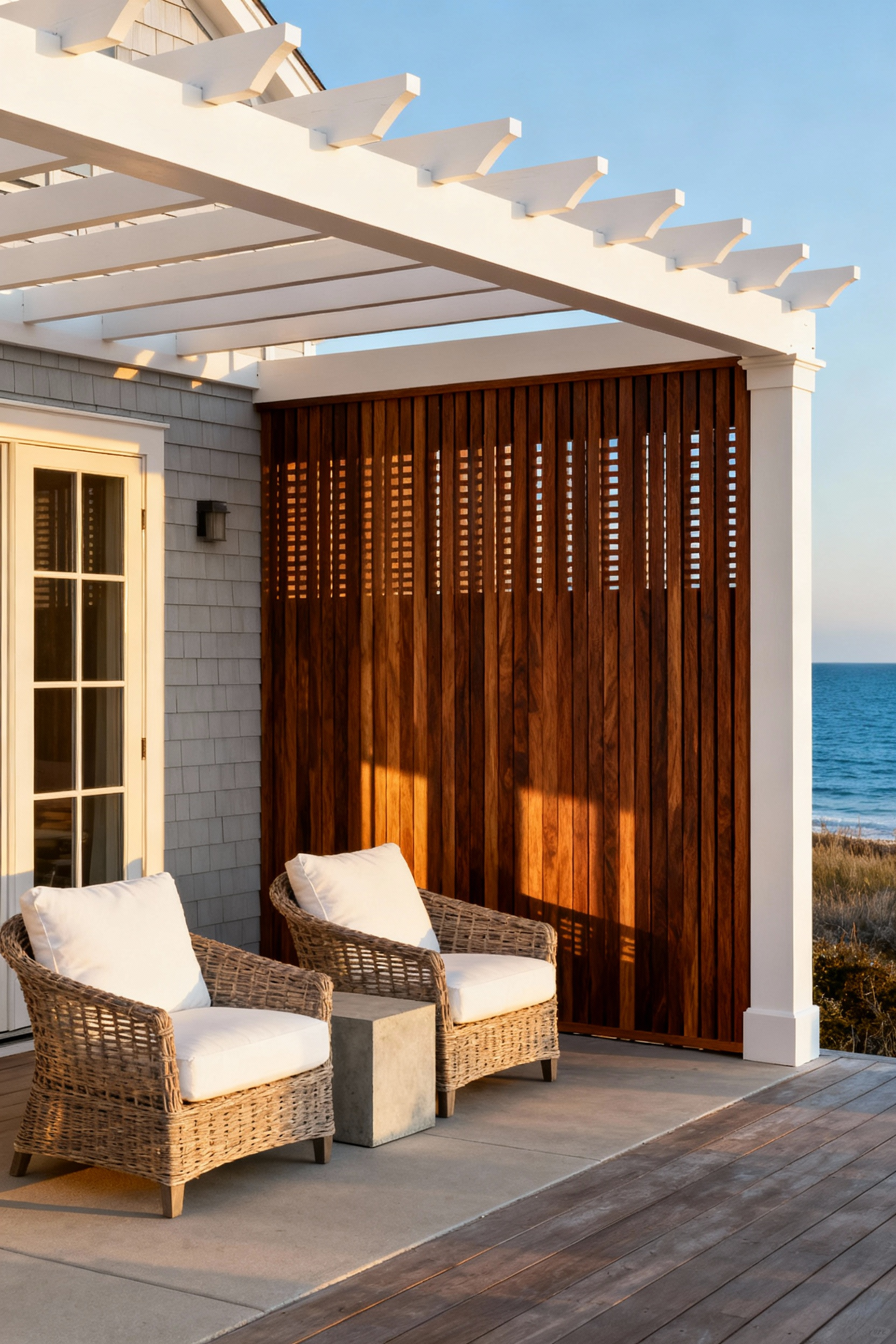 A luxurious back porch pergola featuring a dark wooden vertical slat wall designed for wind diffusion in a bright coastal setting.