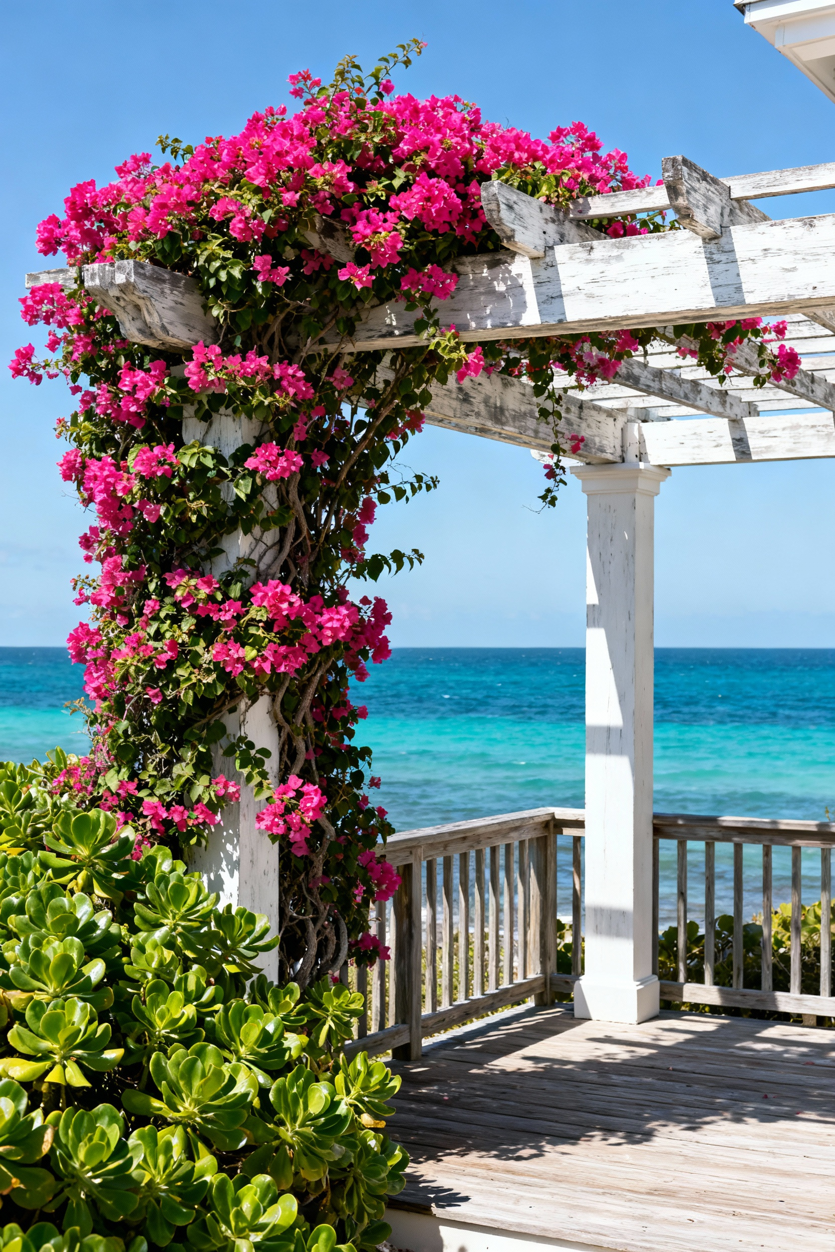 A white wooden back porch pergola on a sunny coastline overflowing with vibrant fuchsia Bougainvillea, illustrating successful salt-tolerant vine selection.