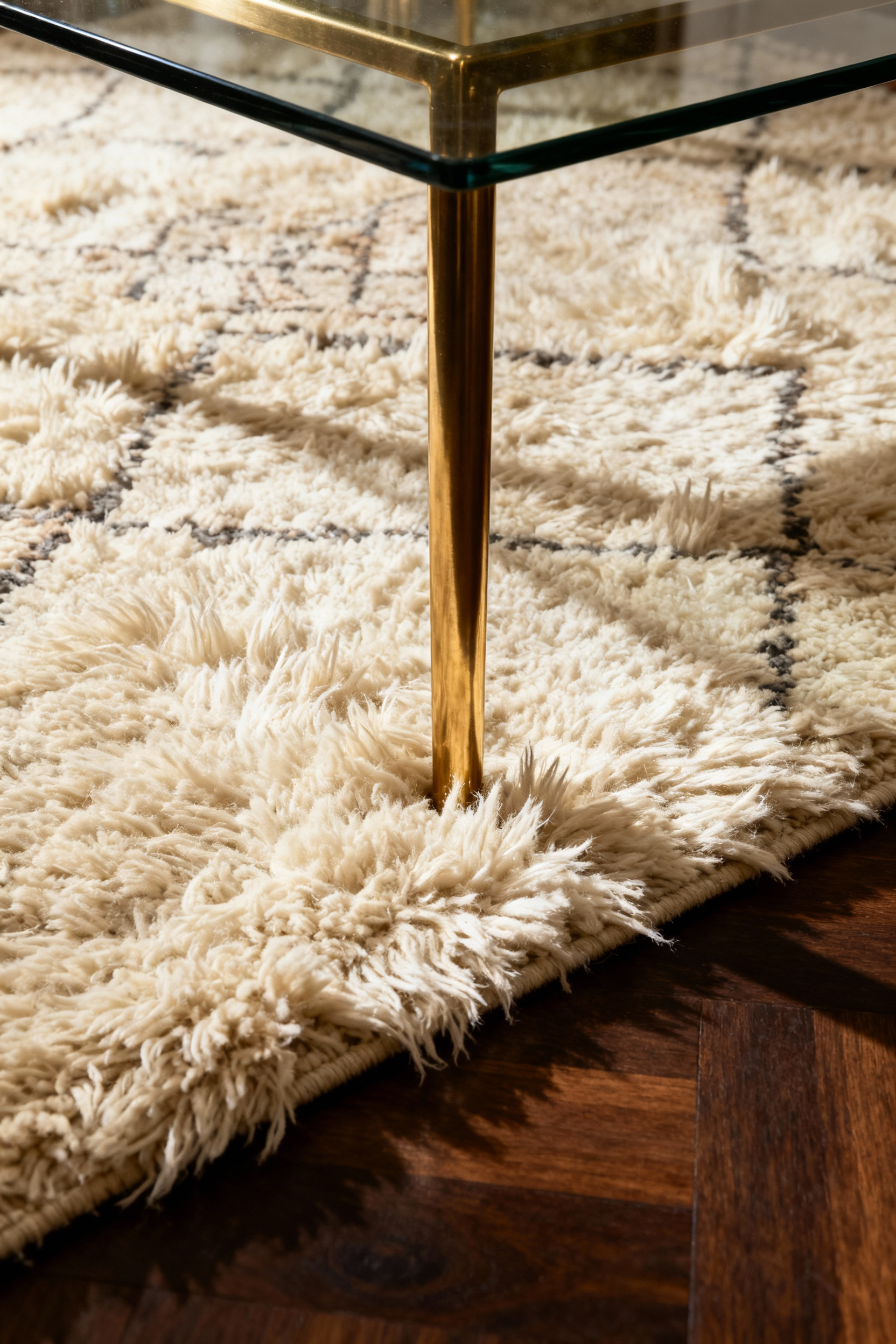 Close-up shot showing a sleek, polished brass mid-century coffee table leg resting firmly on a high-pile, textured cream wool rug, highlighting the aesthetic and tactile contrast between cold metal and soft organic fiber.