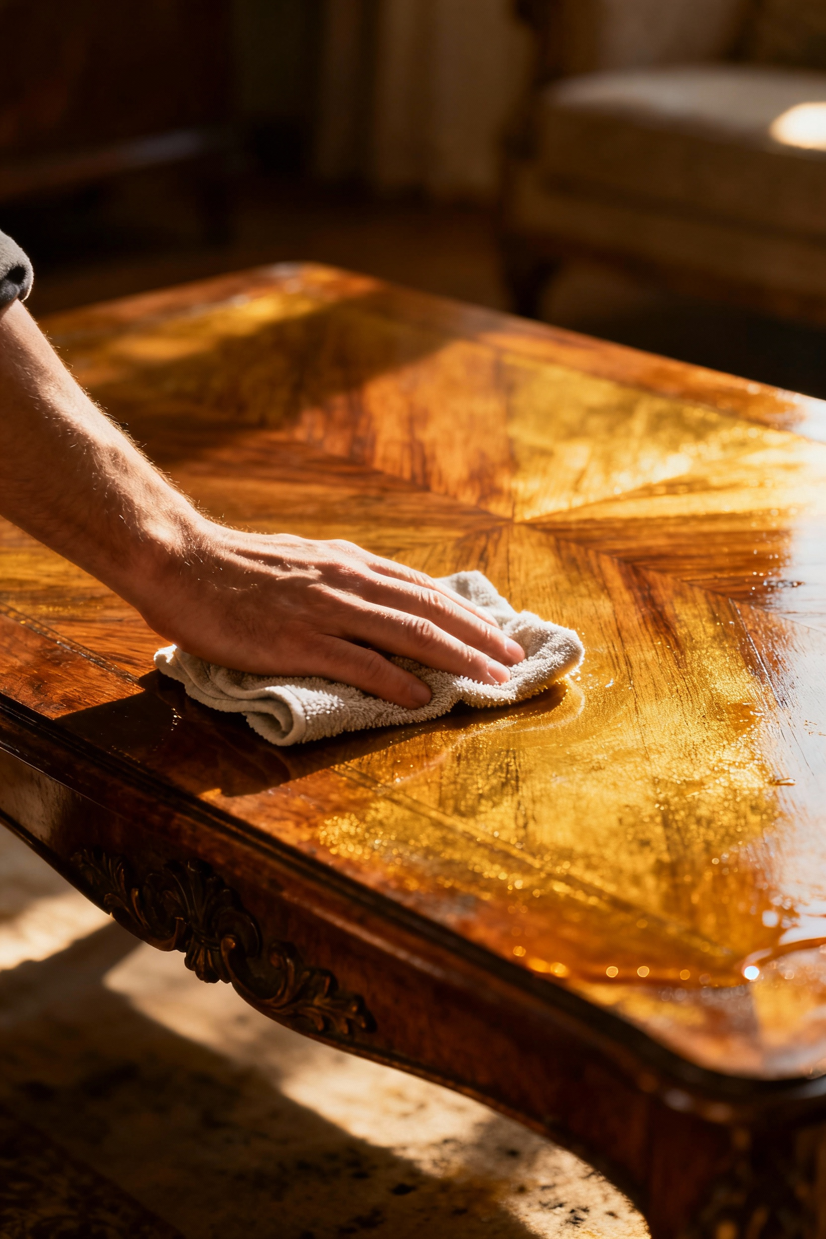 Close-up image of a hand gently wiping away layers of old grime and wax from a vintage wooden coffee table, revealing a rich, warm, golden patina underneath.