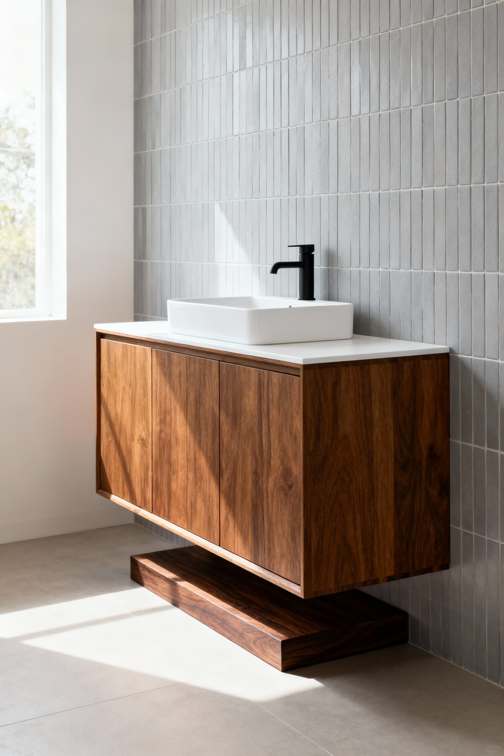 A repurposed mid-century modern teak sideboard vanity elevated with a custom dark wood riser platform to achieve a comfortable 35-inch height, featuring a vessel sink and black wall-mounted faucet.