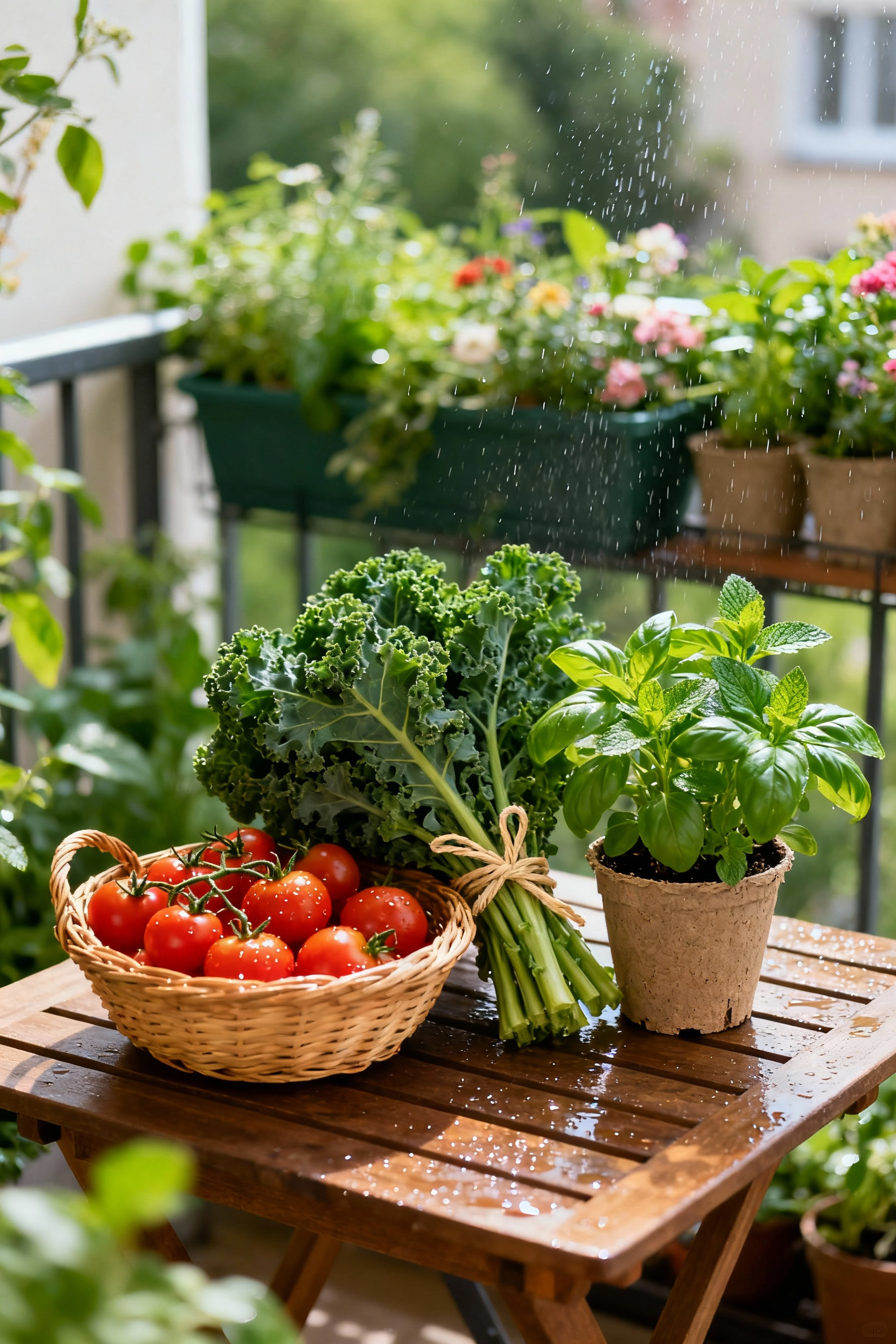A basket of fresh cherry tomatoes, kale, and herbs from a balcony garden, beautifully arranged on a wooden table for community sharing.
