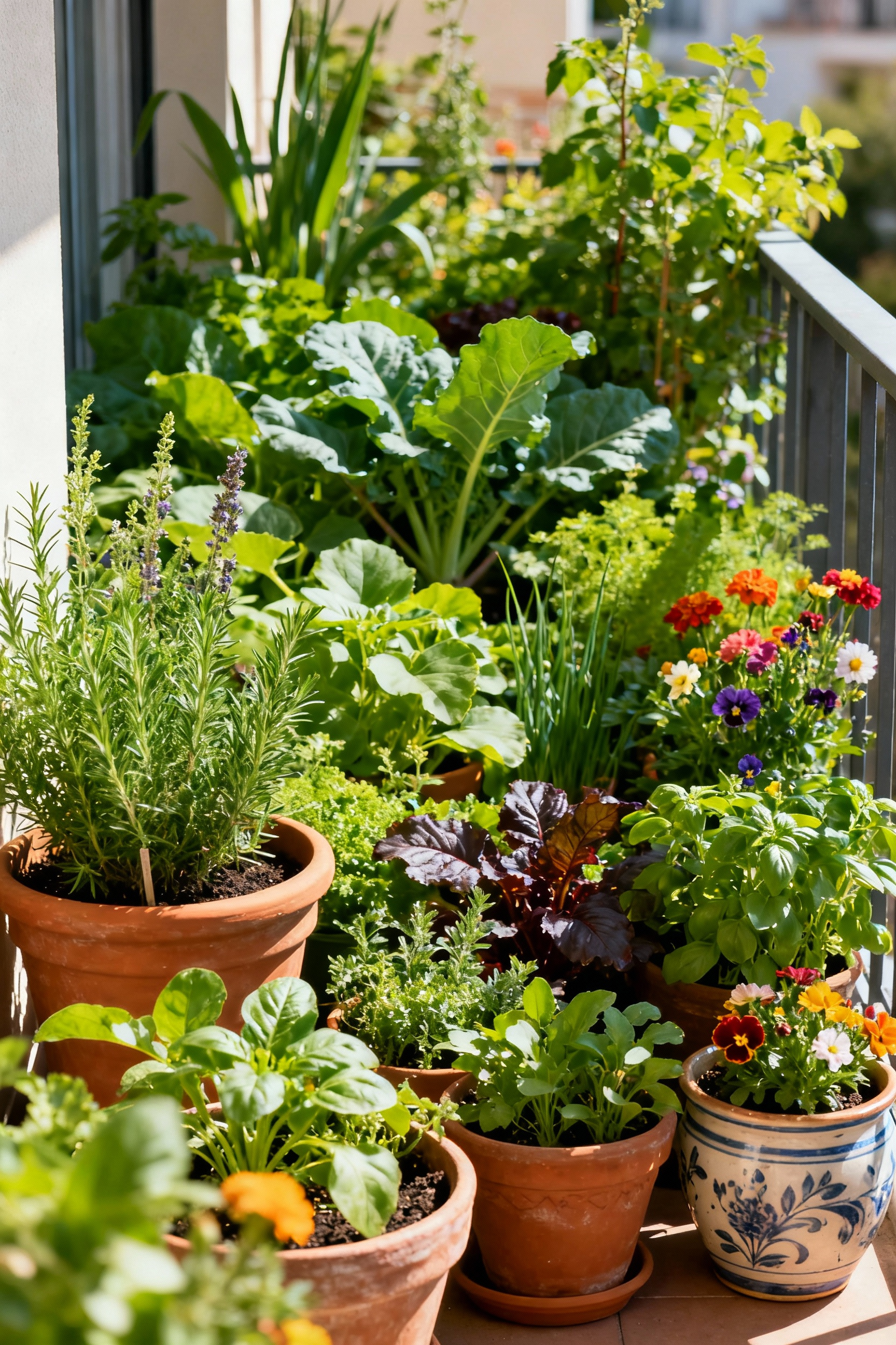 A diverse and healthy balcony garden with various plants, herbs, and flowers planted closely in containers, illustrating companion planting for biodiverse health. Bright natural light illuminates the vibrant foliage.
