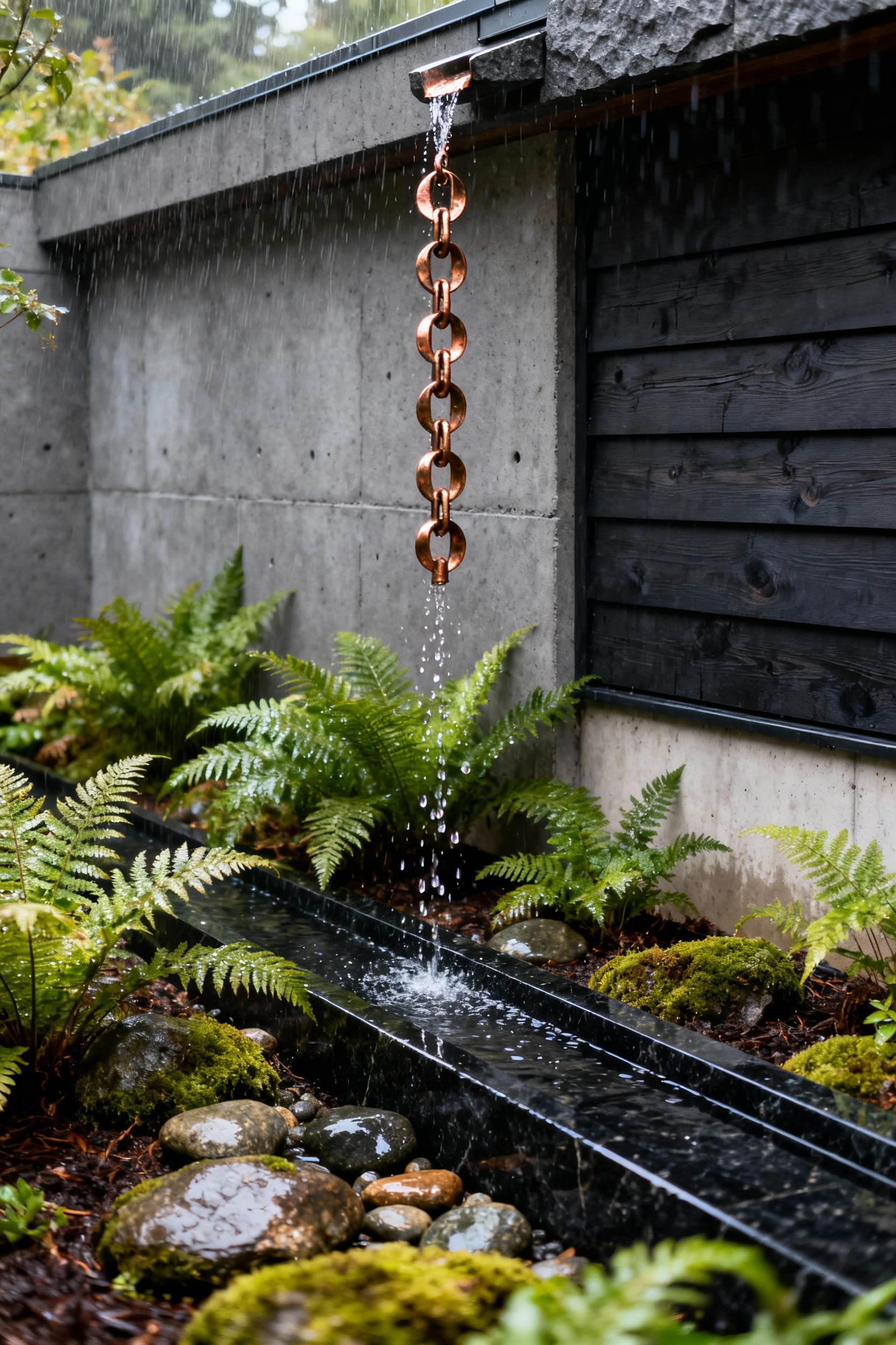 Detailed photograph of a copper rain chain cascading rainwater into a polished basalt runnel during a heavy shower, showcasing modern functional sculpture used for visible rainwater harvesting in a sophisticated backyard design.