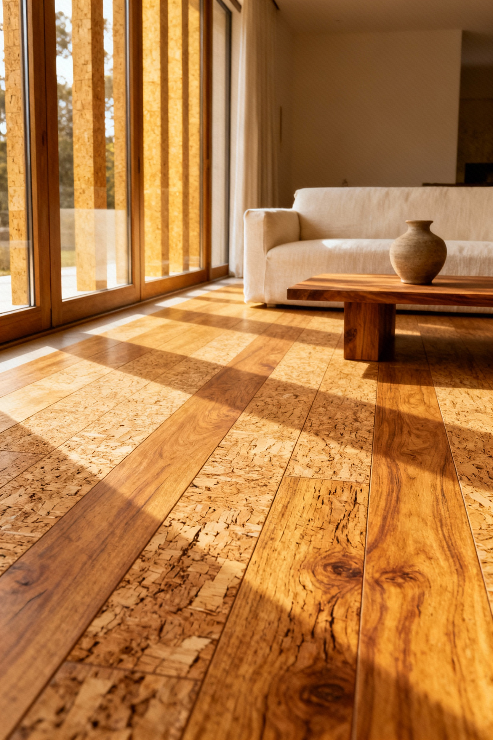 Warm contemporary living room featuring expansive wide-plank cork flooring, illuminated by natural light.