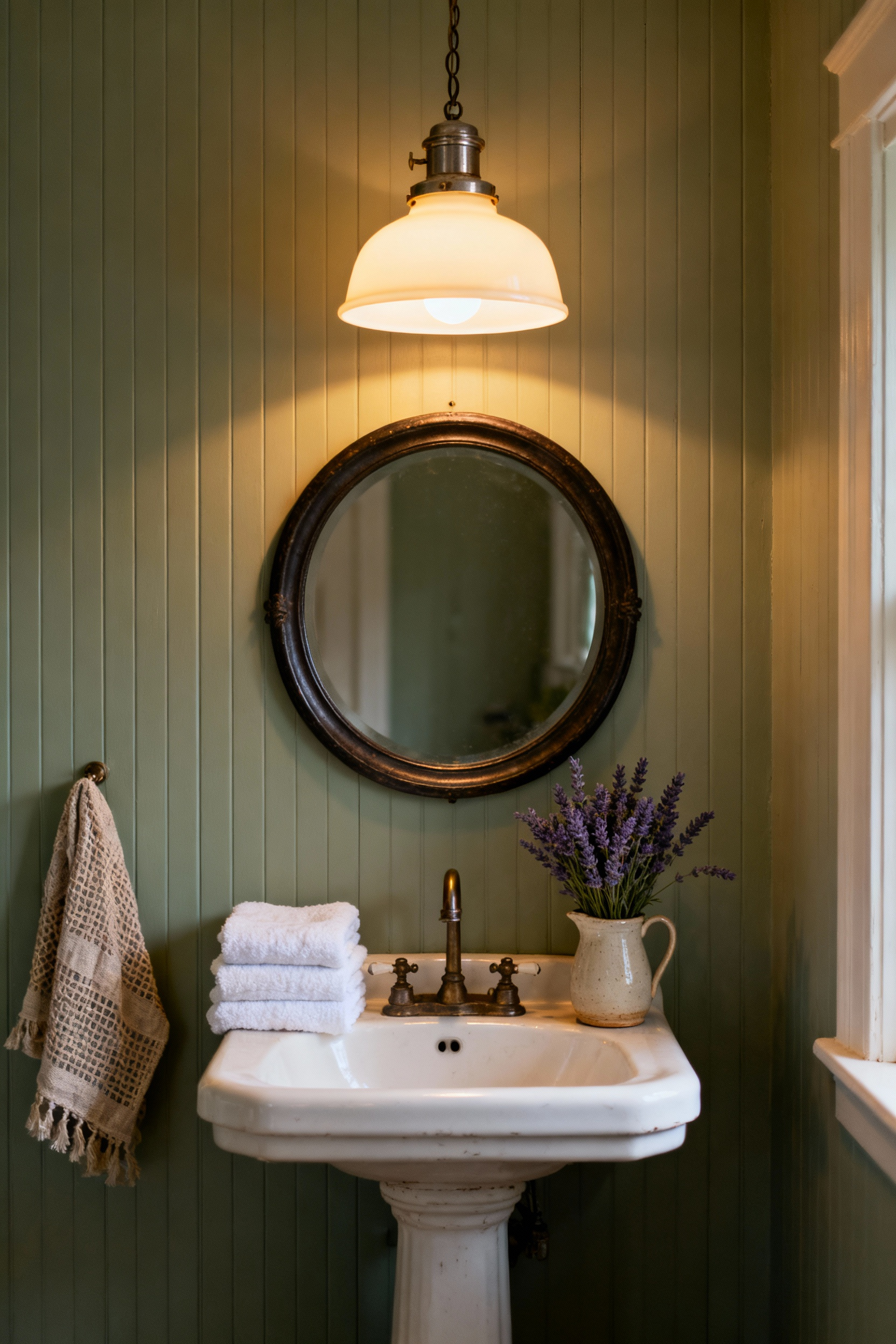Cozy cottage bathroom featuring a creamy milk glass schoolhouse pendant light with an unlacquered nickel fitter, casting a soft, warm, diffused light over a vintage pedestal sink and sage green beadboard walls.
