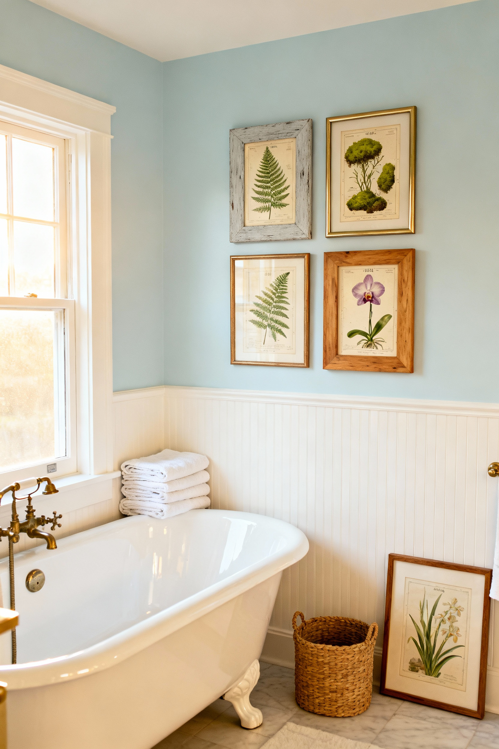 A bright cottage bathroom with a clawfoot tub and a curated gallery wall featuring four framed vintage botanical charts protected by UV-protectant acrylic glass to prevent humidity damage.