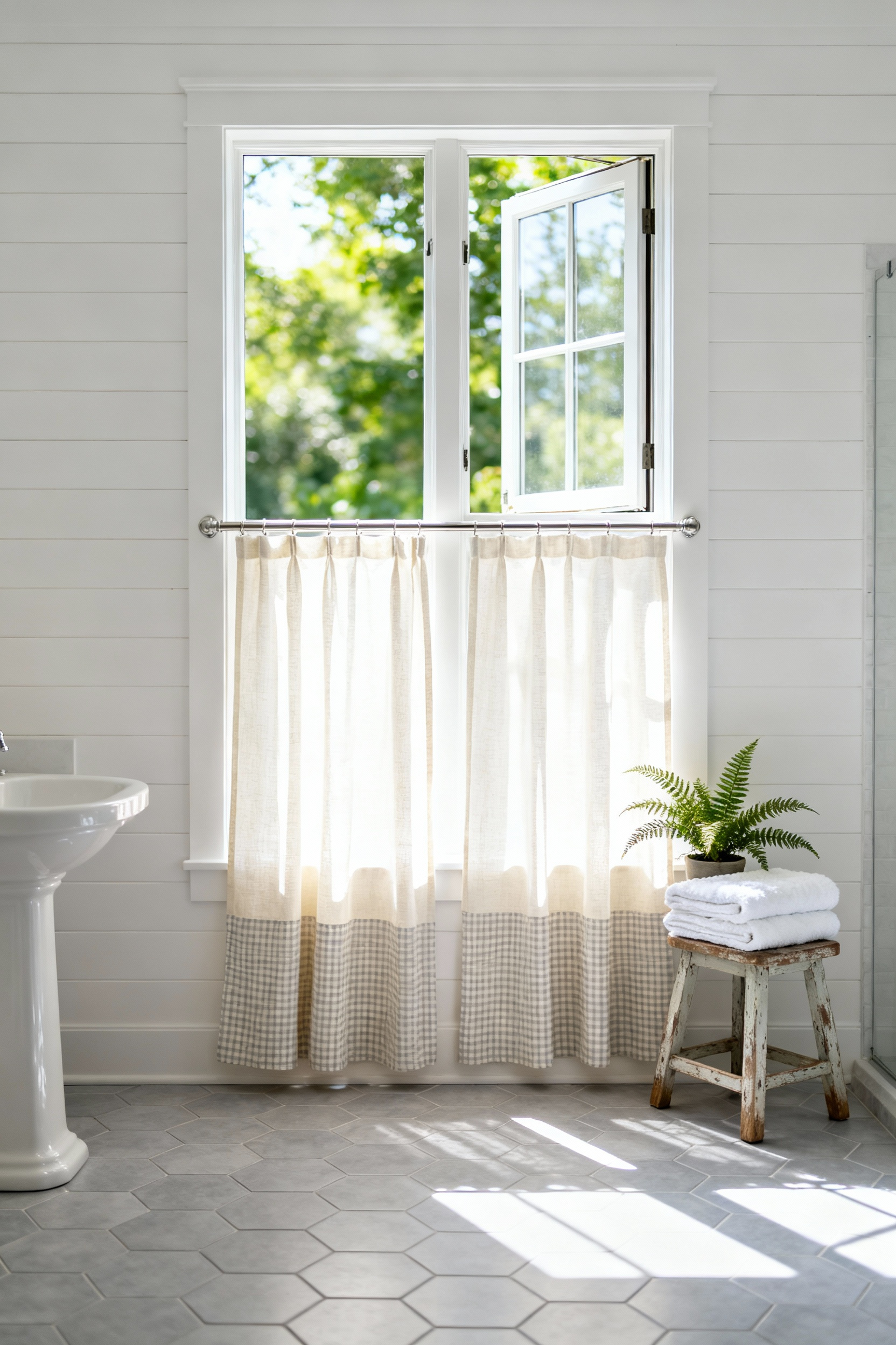 A bright country bathroom interior featuring shiplap walls and a large window with cream linen café curtains covering the lower half to maximize natural light diffusion.