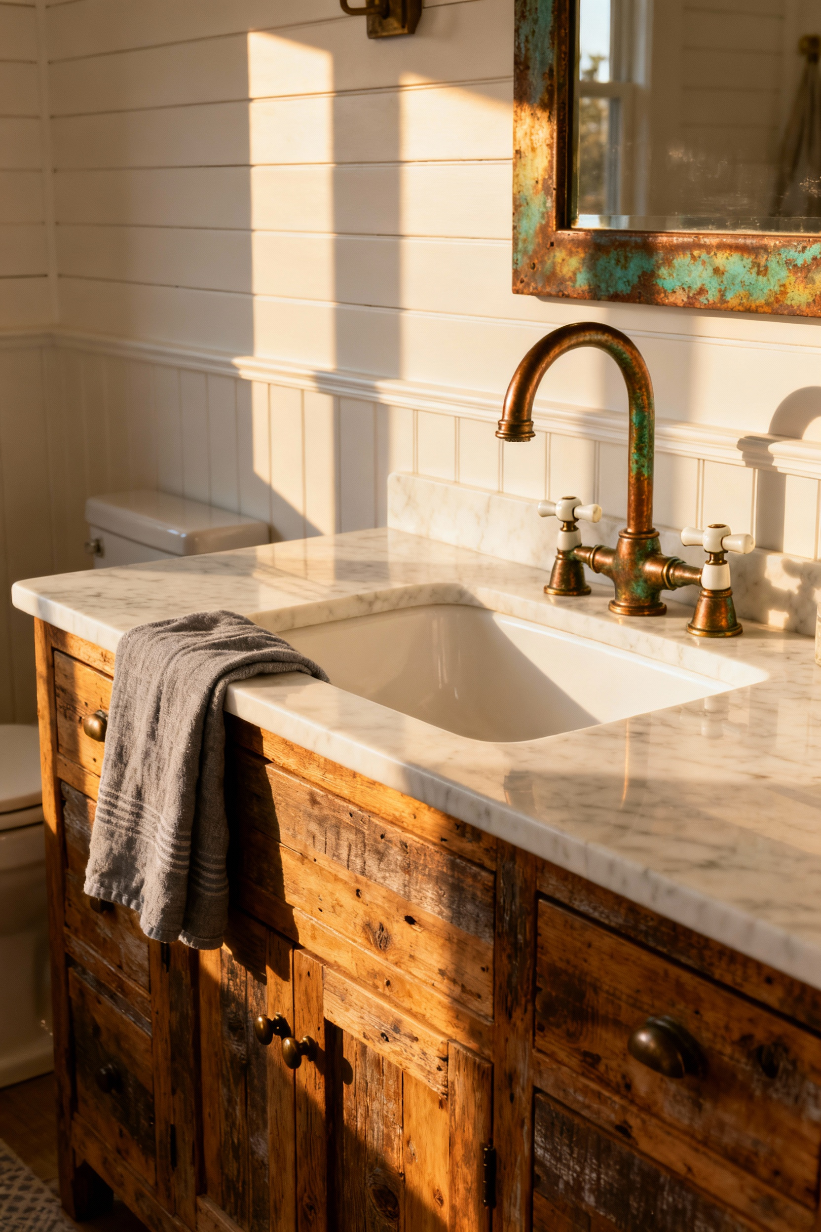 Unlacquered brass bridge faucet with classic cross handles showing a developed patina installed on a reclaimed wood vanity in a bright, rustic country bathroom.