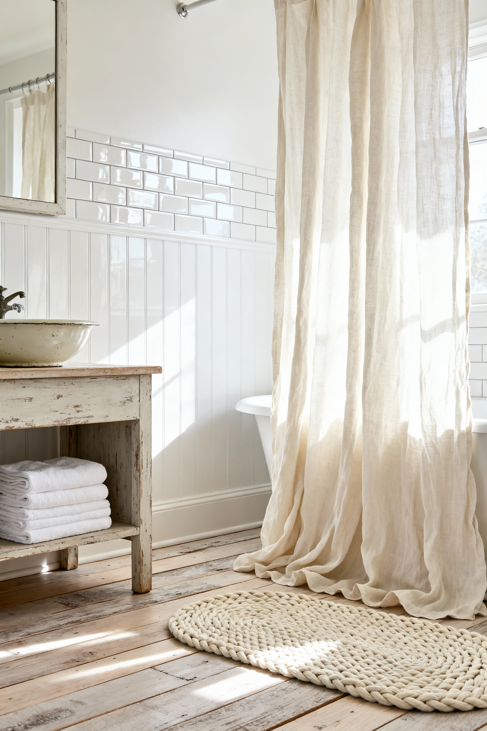 A country farmhouse bathroom showing a textured natural linen shower curtain, crisp white cotton towels, and a braided bath mat, illustrating how soft fabrics soften rigid tile and wood surfaces.