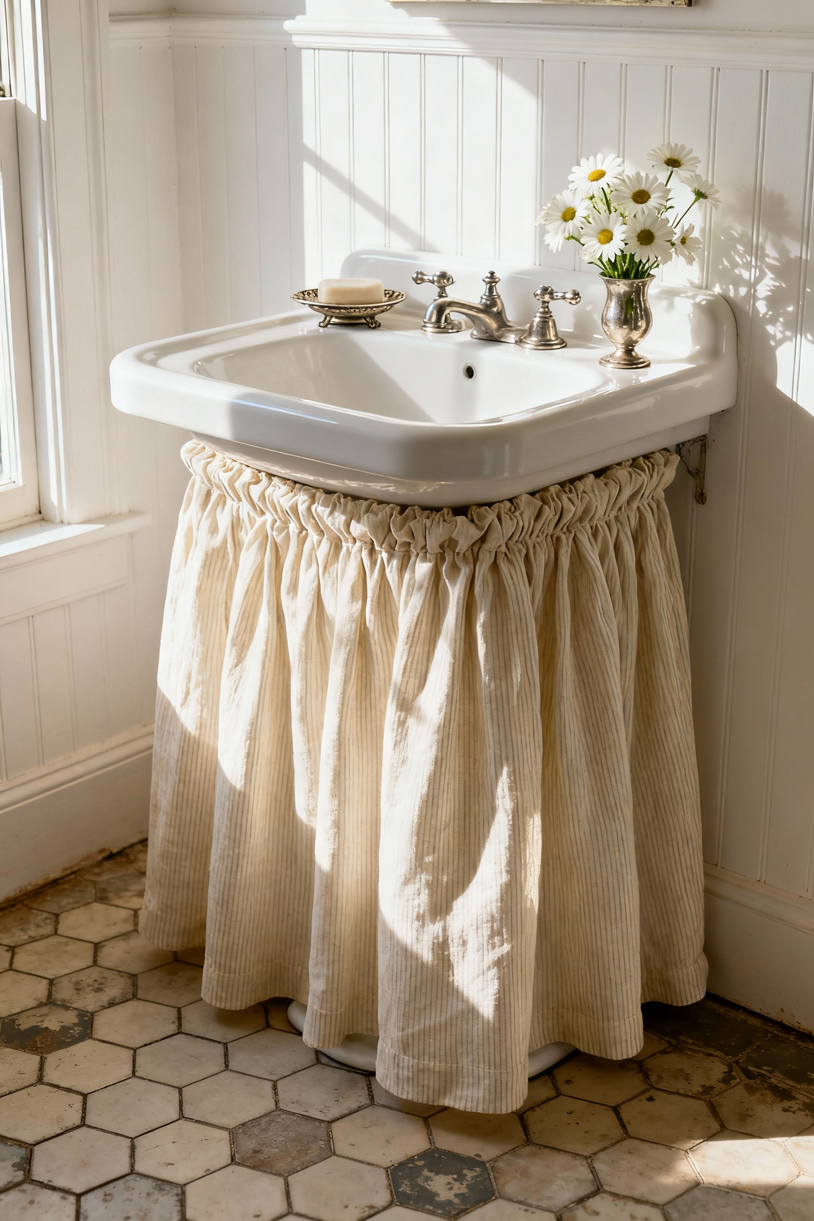 A country bathroom featuring a white pedestal sink with a gathered cream linen sink skirt concealing the plumbing and storage space below, set against white beadboard walls.