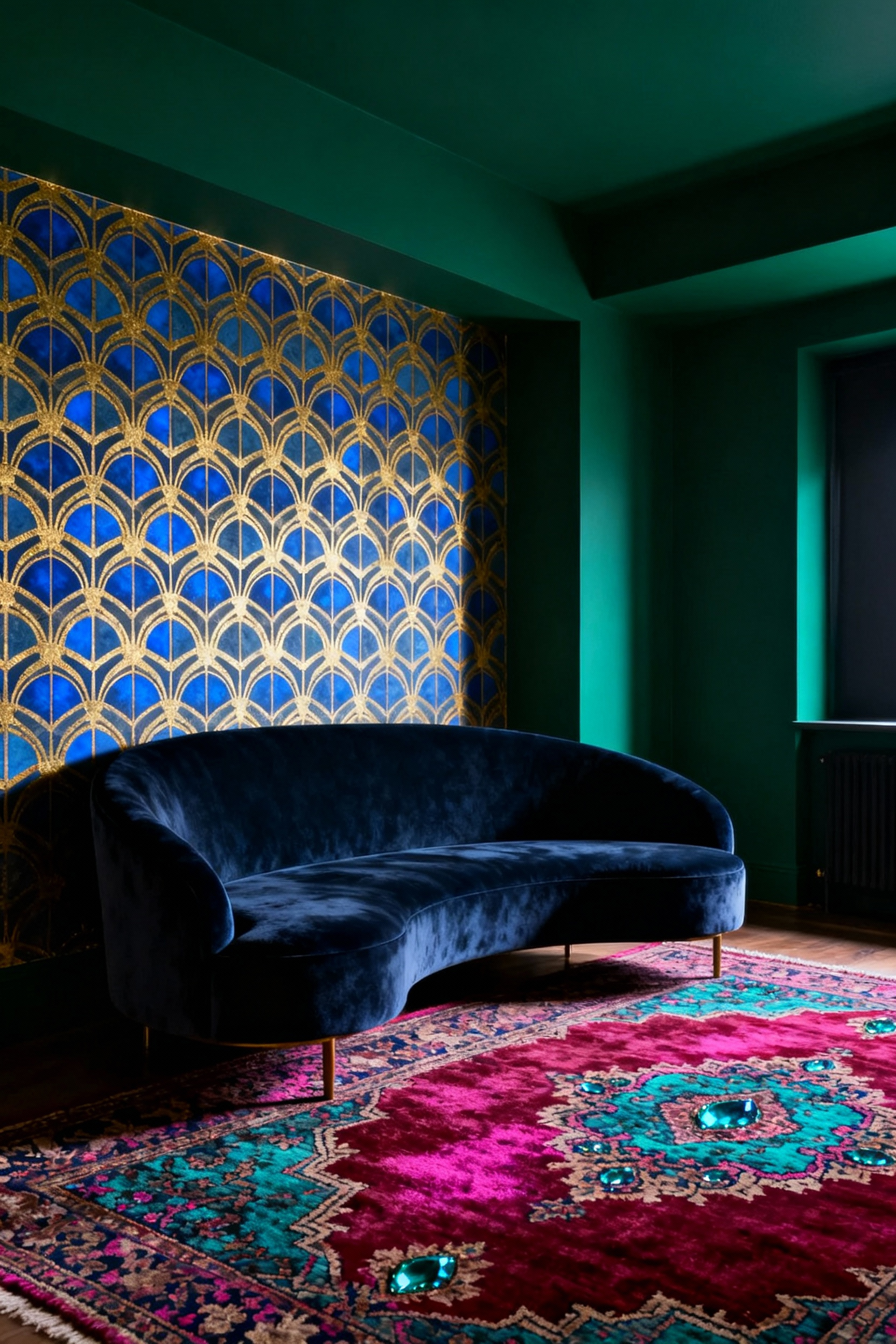 Luxurious maximalist living room featuring deep emerald green walls, geometric accent wallpaper in gold and sapphire, and a navy velvet sofa, establishing a bold jewel-toned foundational color palette.
